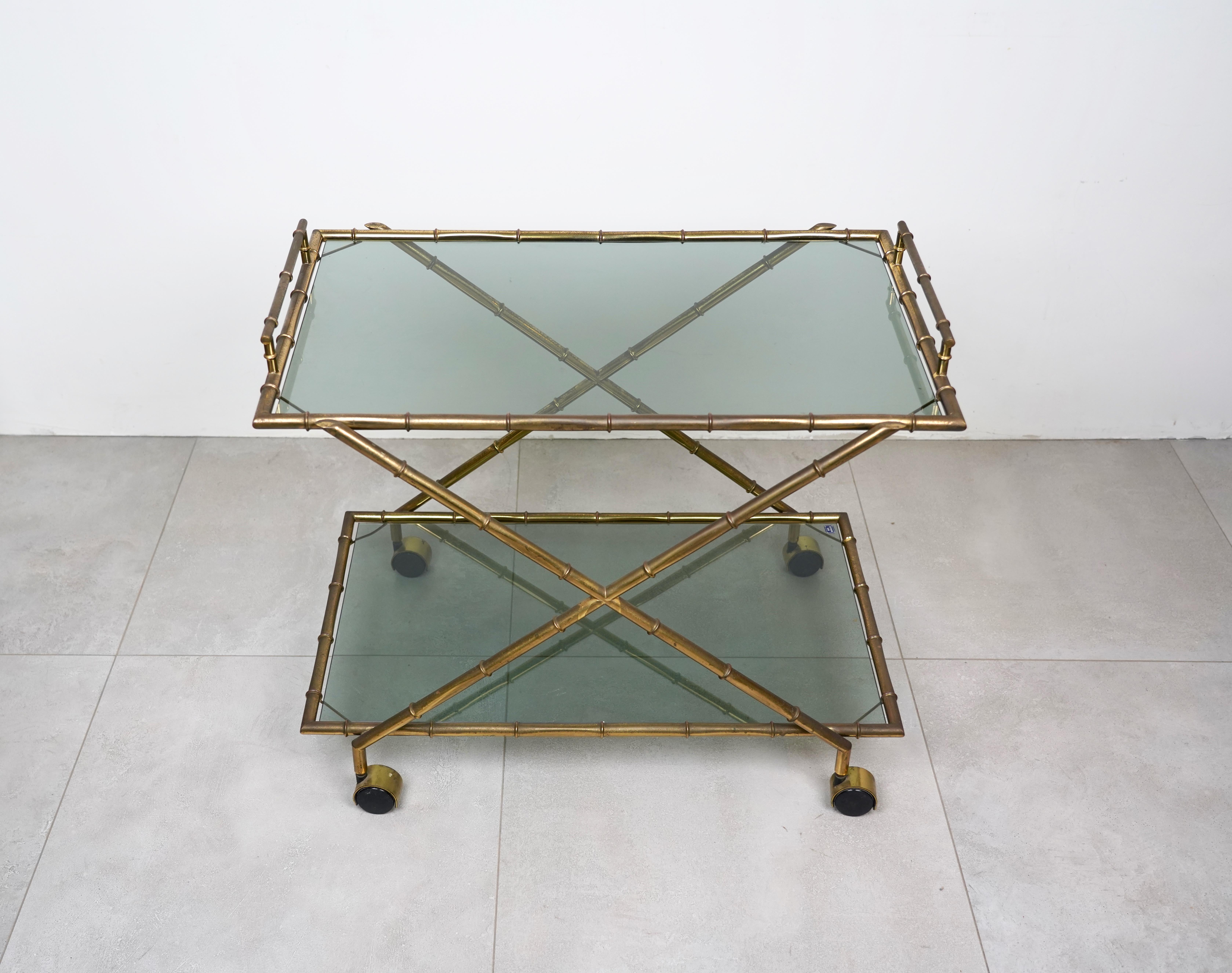 Mid-20th Century Serving Cart Faux Bamboo Brass and Smoked Glass by Rue Royale, France 1960s For Sale