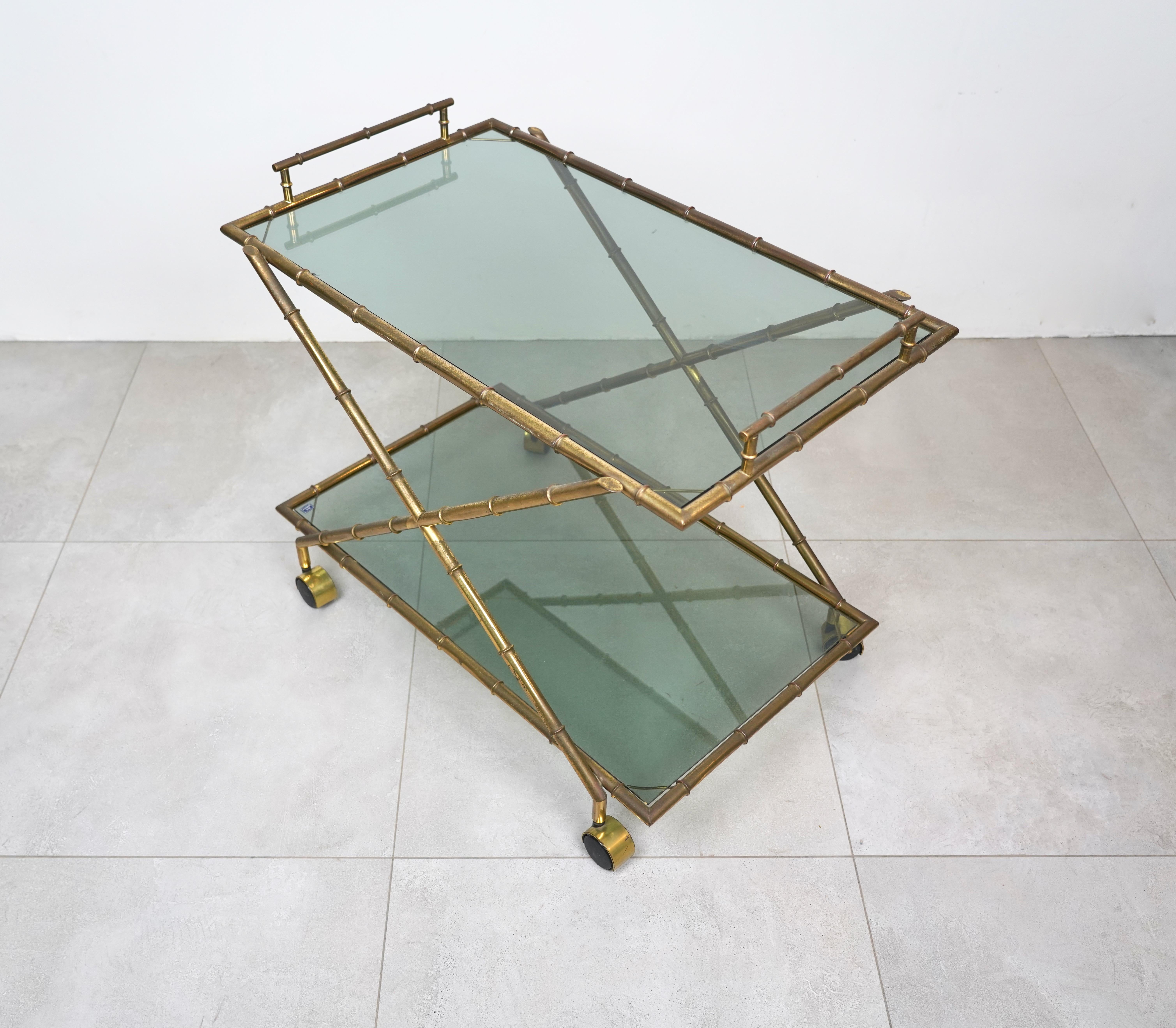 Metal Serving Cart Faux Bamboo Brass and Smoked Glass by Rue Royale, France 1960s For Sale