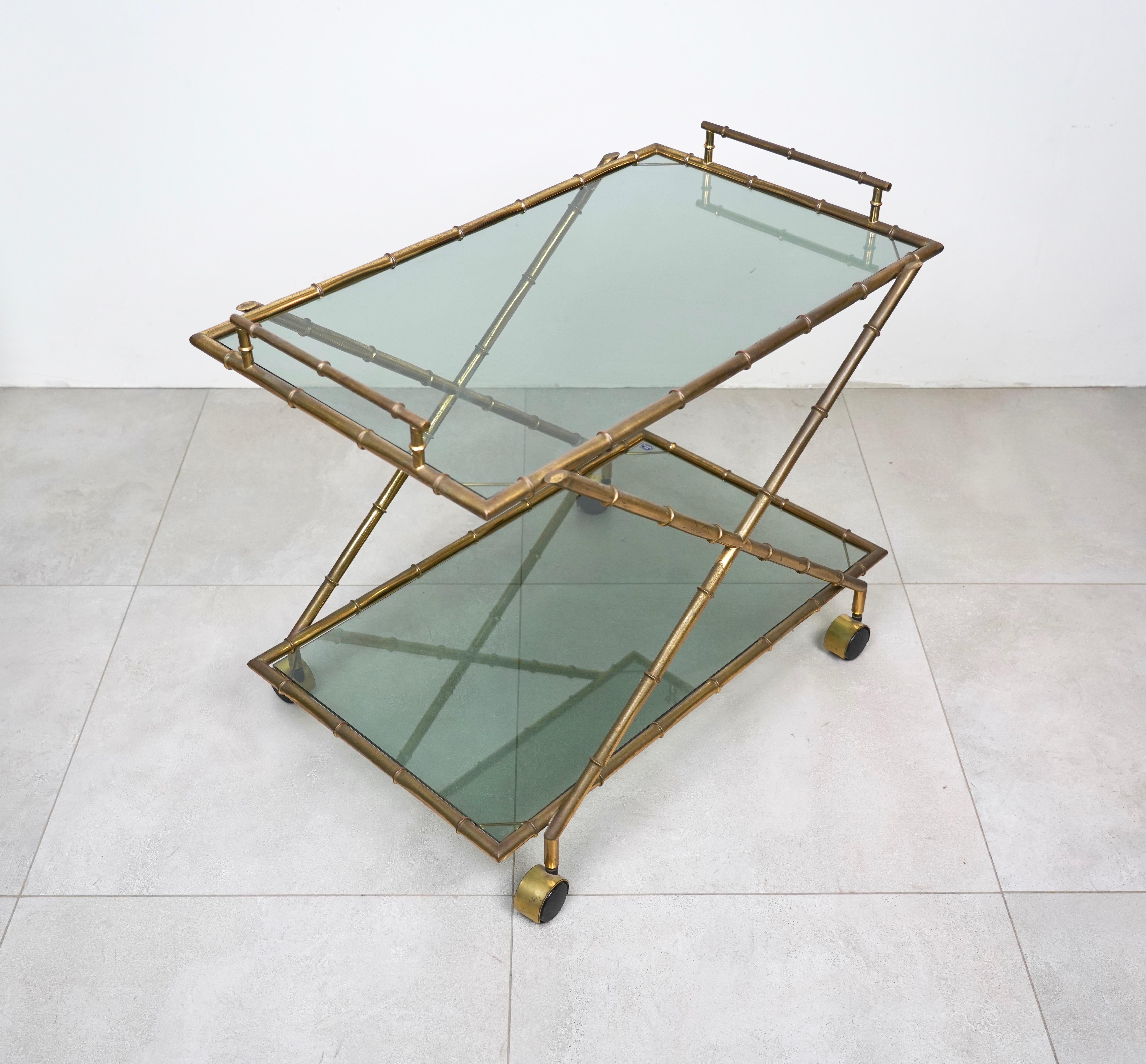 Serving Cart Faux Bamboo Brass and Smoked Glass by Rue Royale, France 1960s For Sale 1