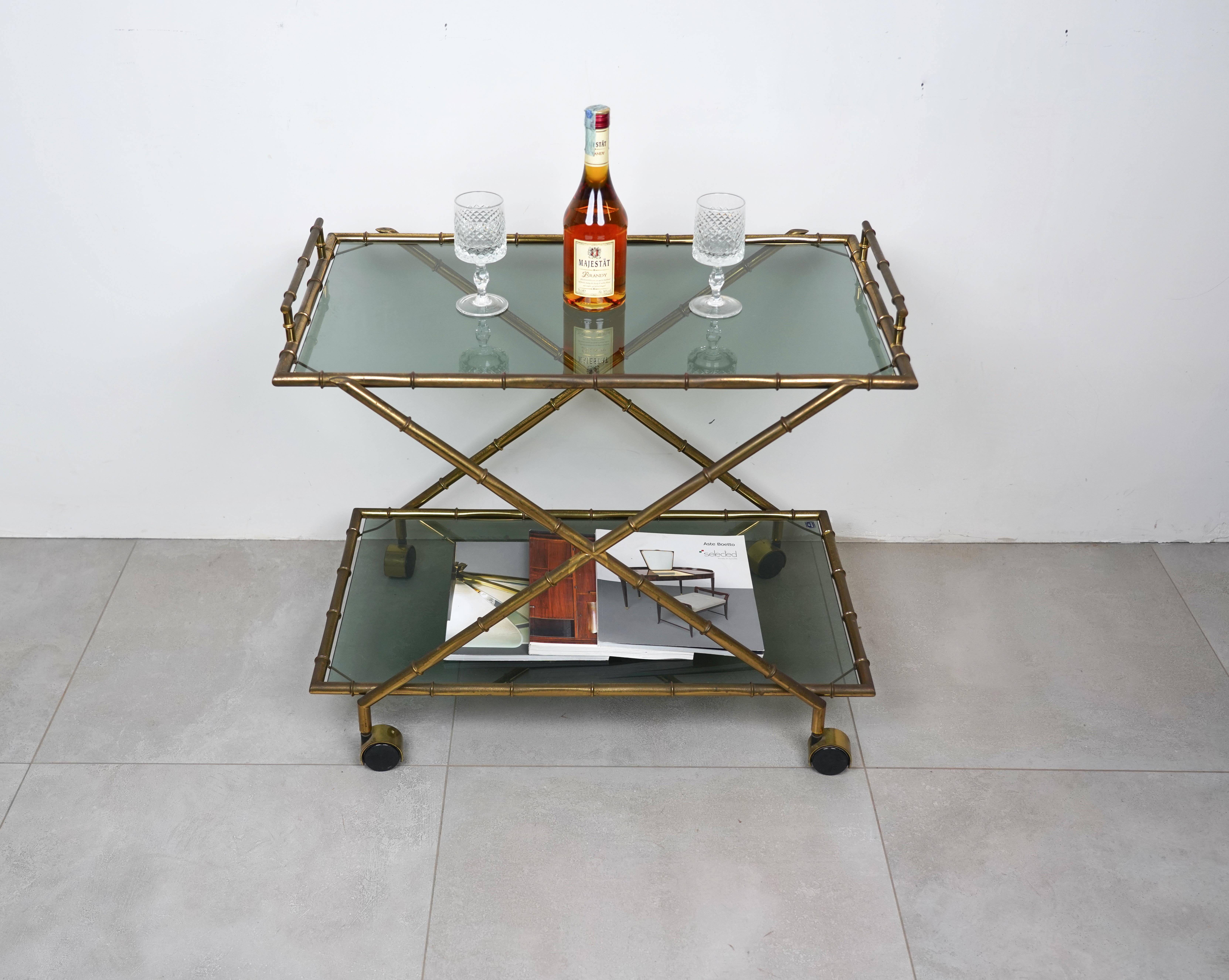 Serving Cart Faux Bamboo Brass and Smoked Glass by Rue Royale, France 1960s For Sale 2