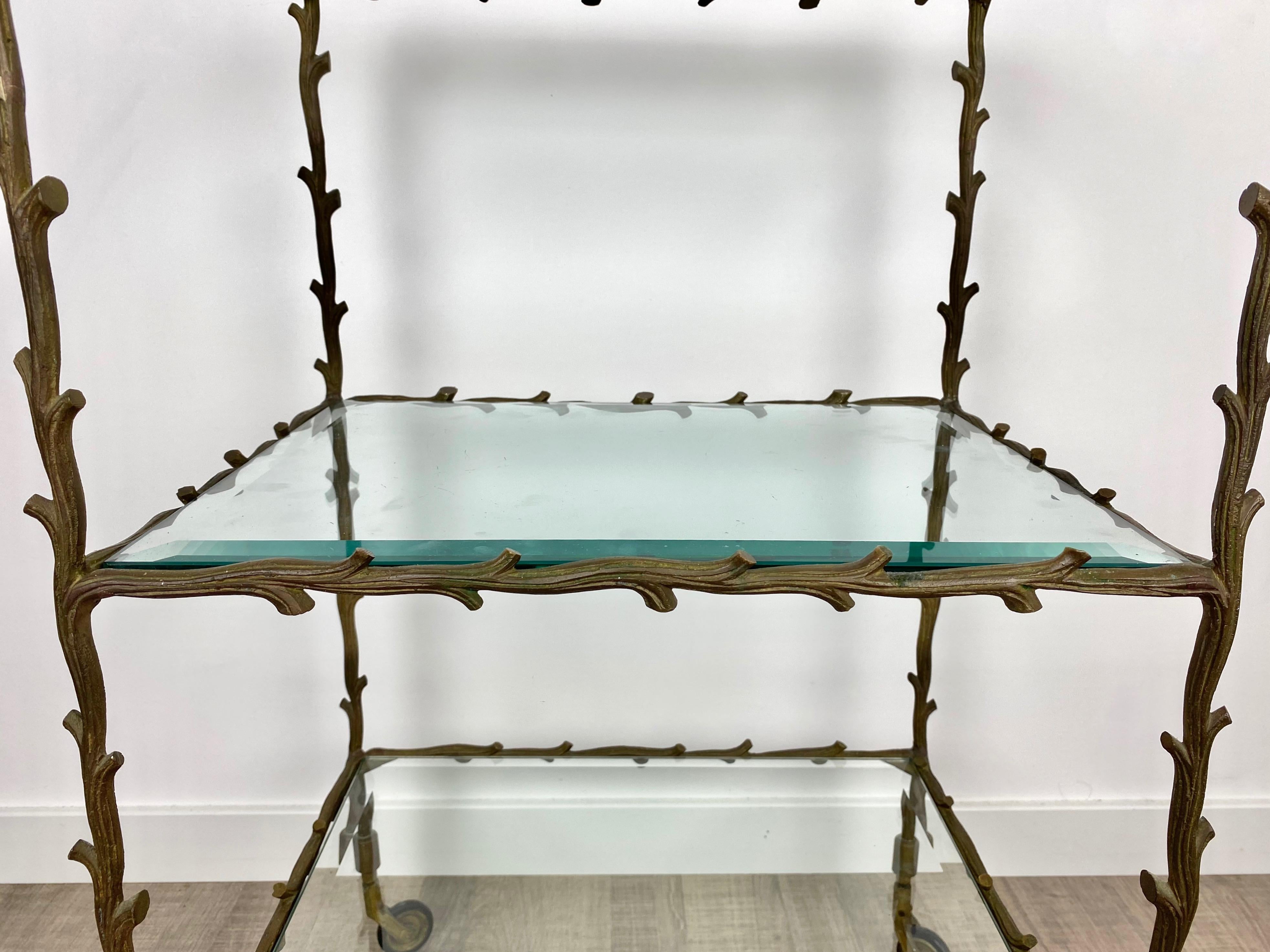 Serving Cart Trolley by Maison Baguès Brass Branches and Glass France, 1950s 6