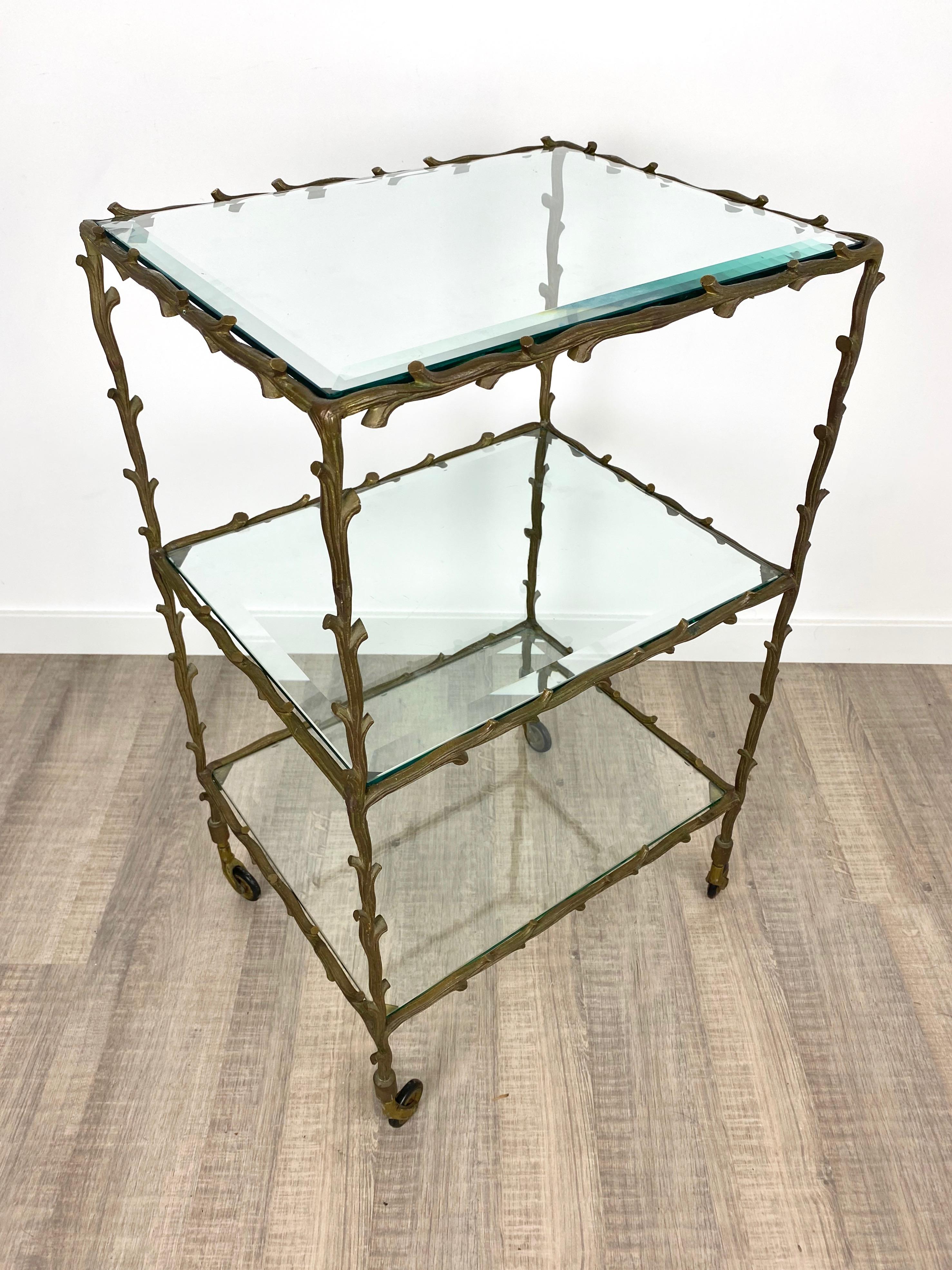 Serving Cart Trolley by Maison Baguès Brass Branches and Glass France, 1950s 8