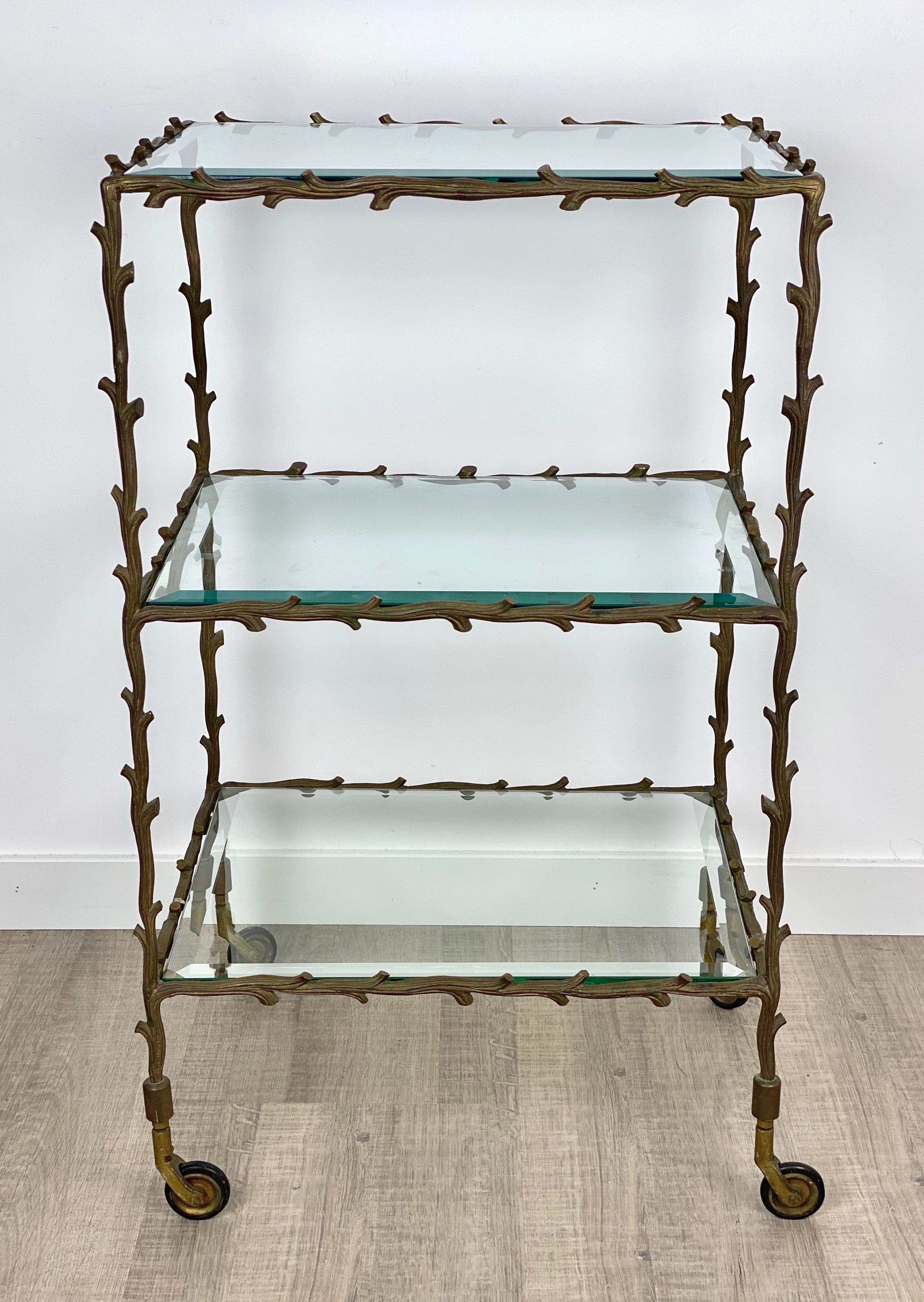 Mid-Century Modern Serving Cart Trolley by Maison Baguès Brass Branches and Glass France, 1950s