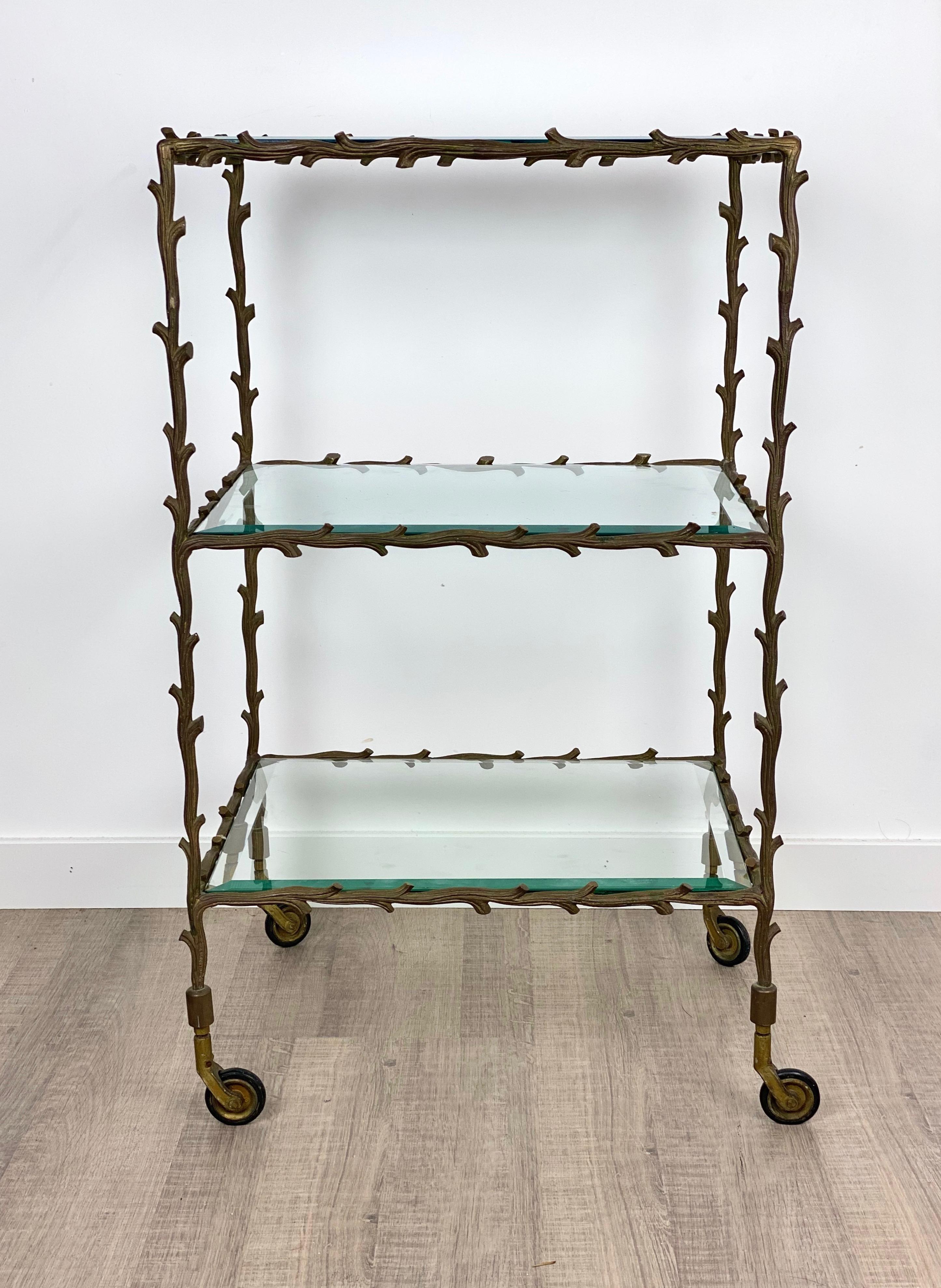 French Serving Cart Trolley by Maison Baguès Brass Branches and Glass France, 1950s