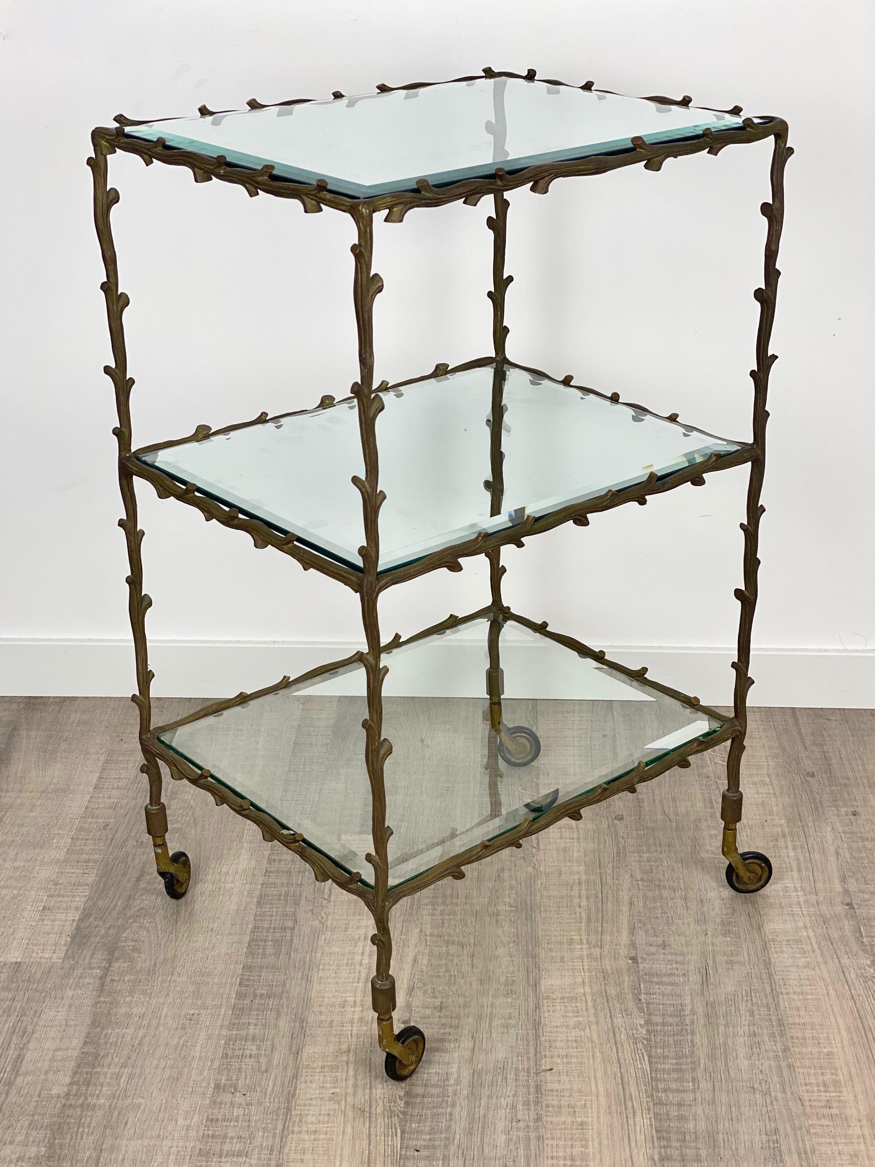 Serving Cart Trolley by Maison Baguès Brass Branches and Glass France, 1950s In Good Condition In Rome, IT