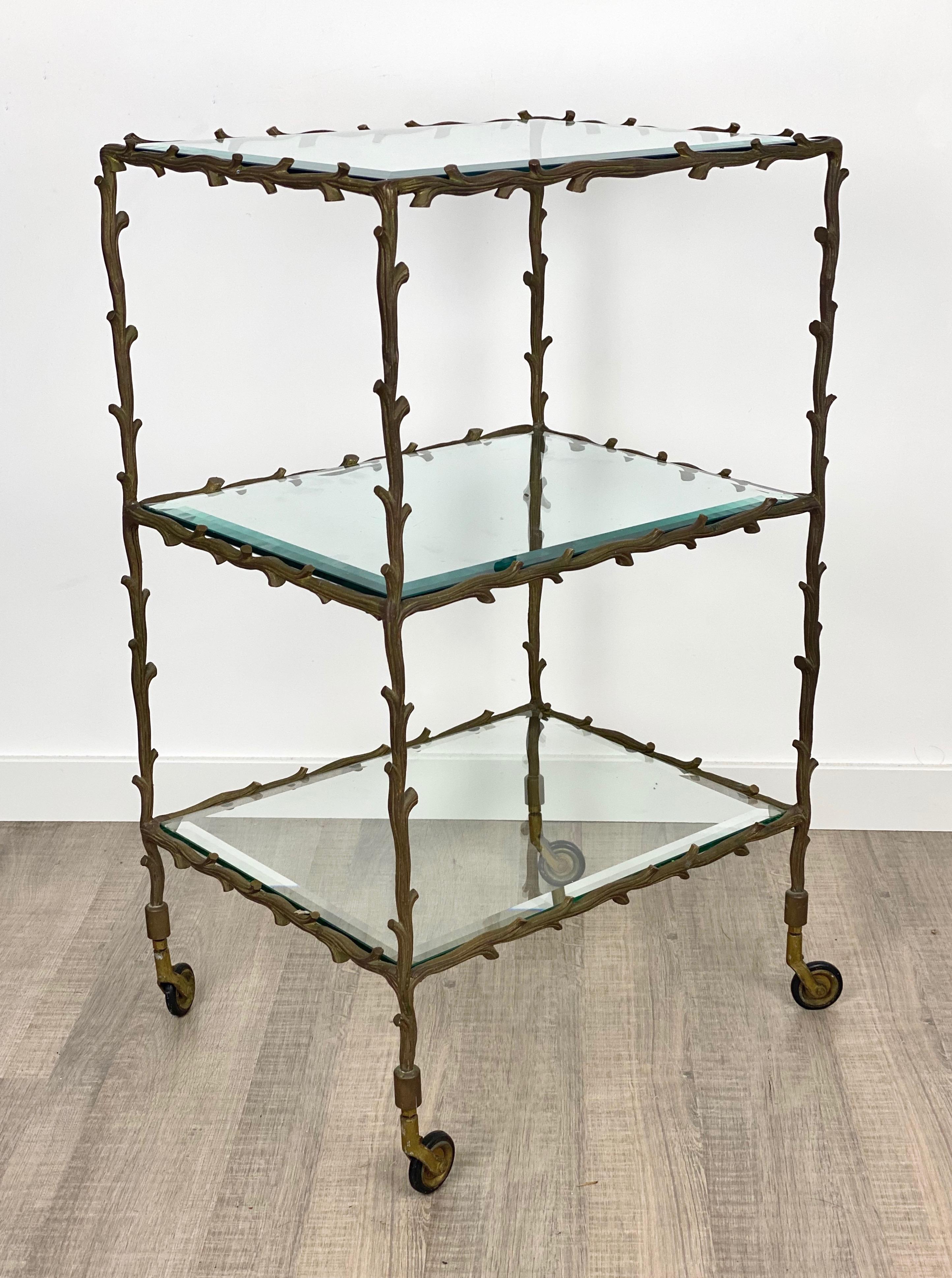 Mid-20th Century Serving Cart Trolley by Maison Baguès Brass Branches and Glass France, 1950s