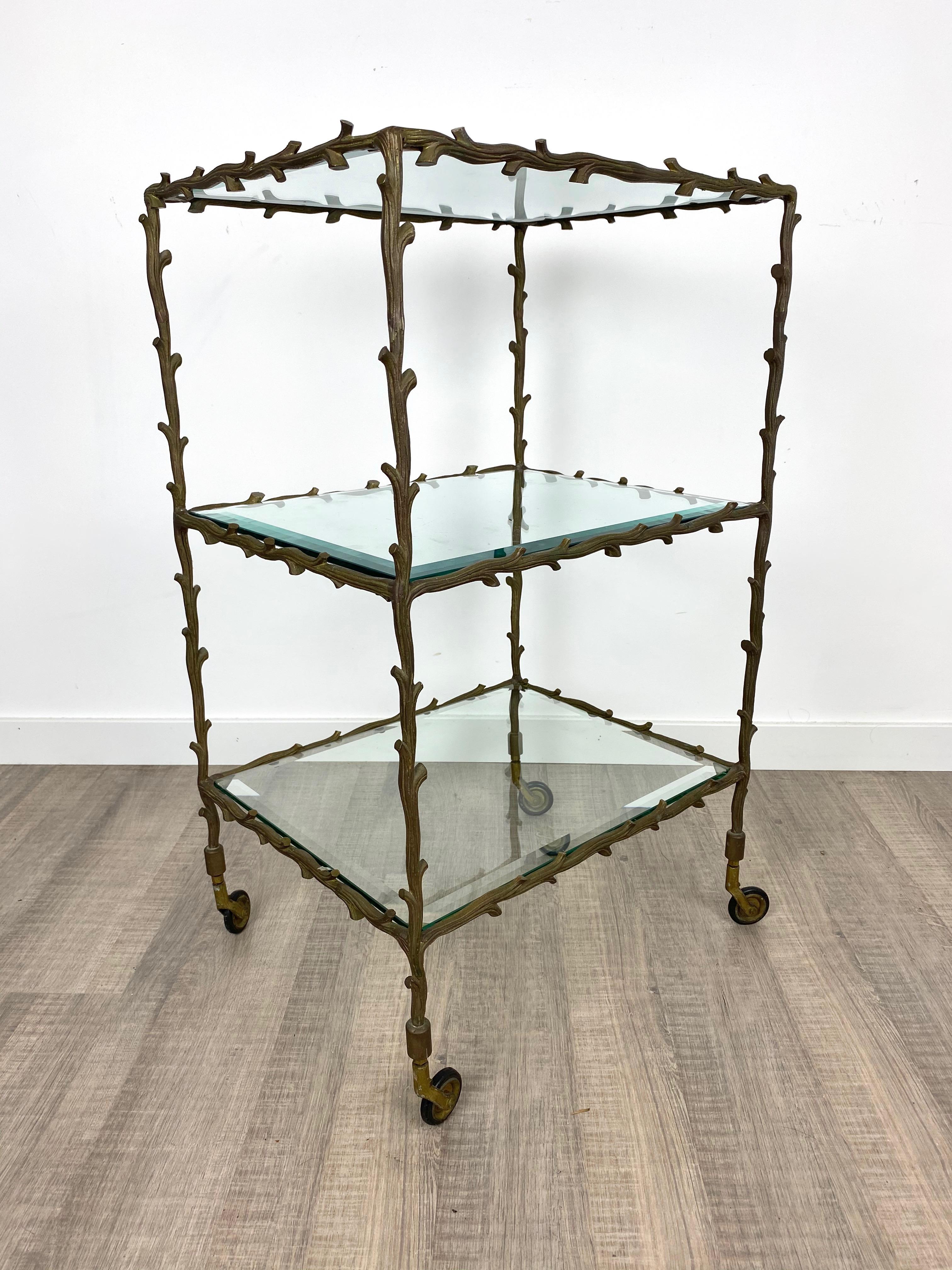 Metal Serving Cart Trolley by Maison Baguès Brass Branches and Glass France, 1950s