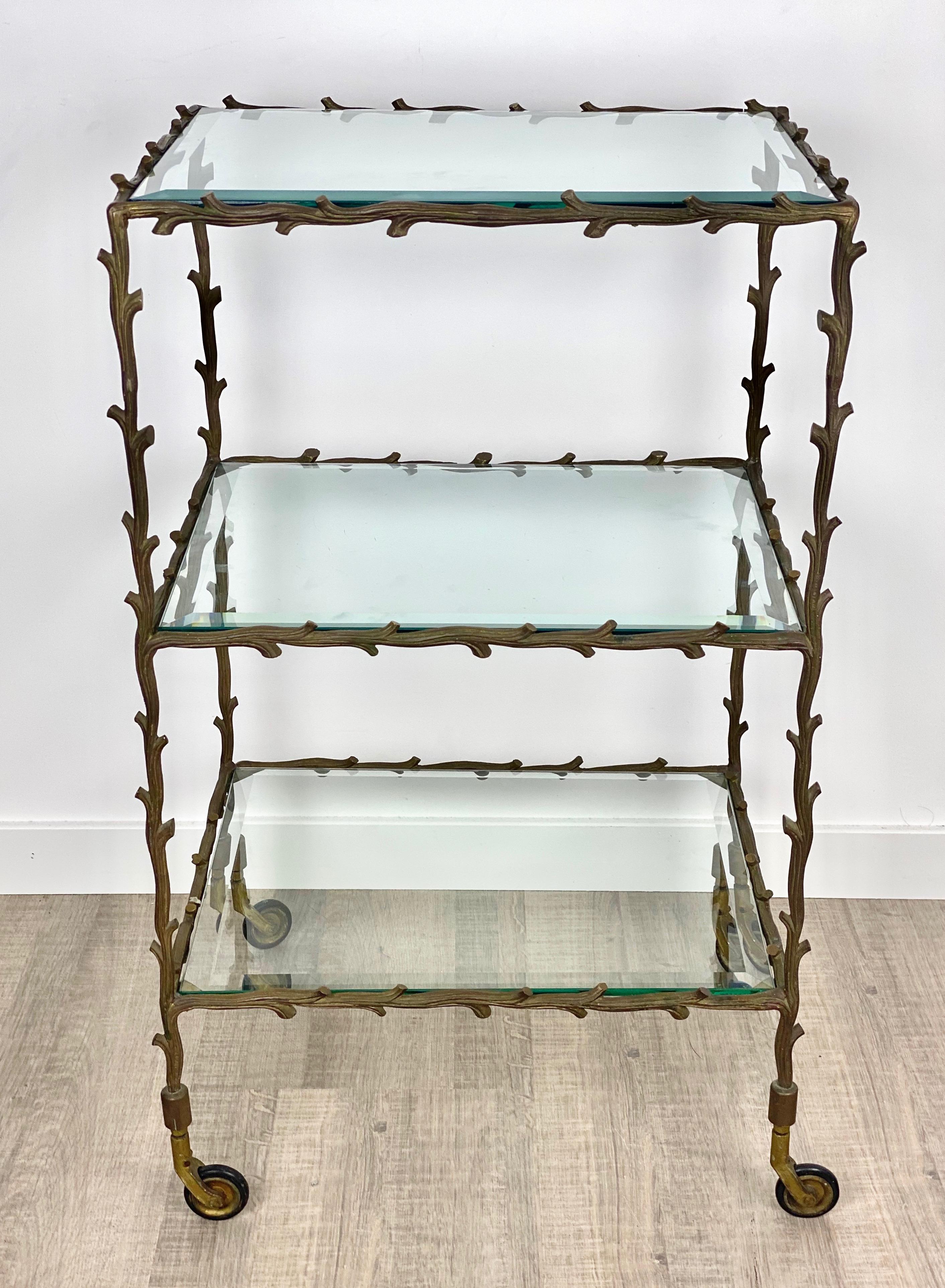 Serving Cart Trolley by Maison Baguès Brass Branches and Glass France, 1950s 1