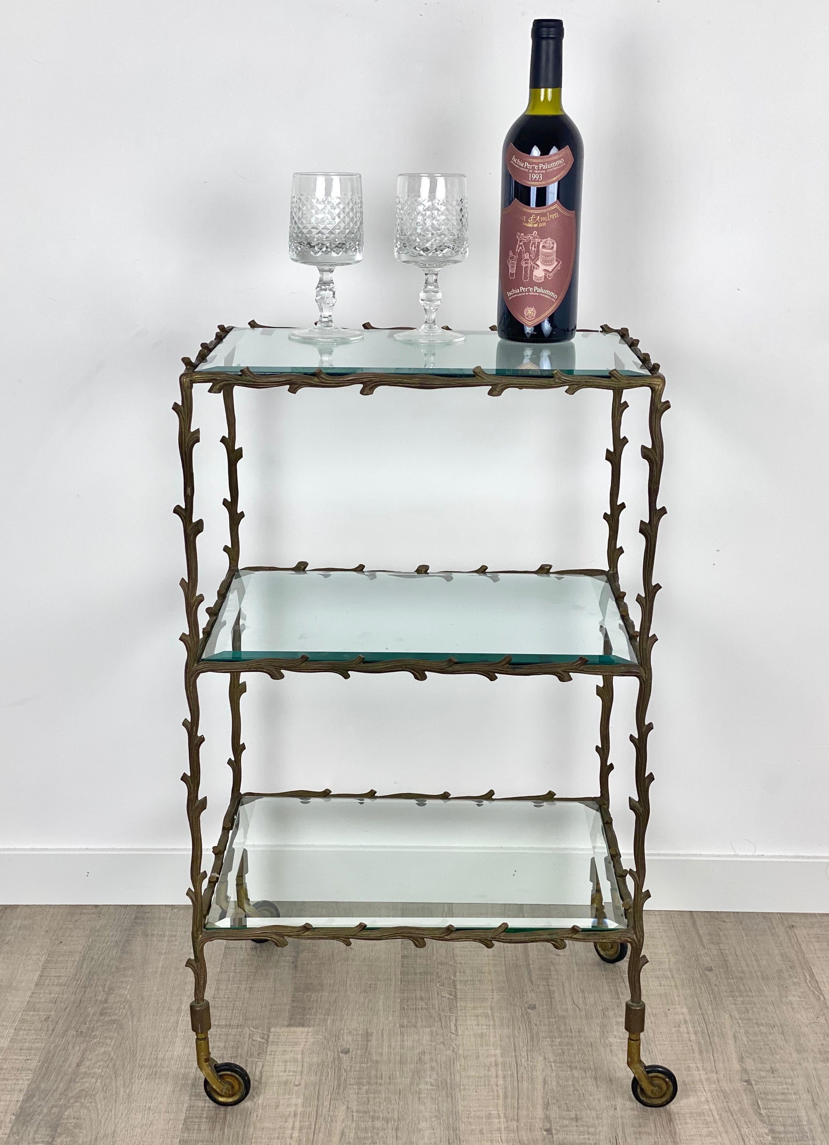 Serving Cart Trolley by Maison Baguès Brass Branches and Glass France, 1950s 2