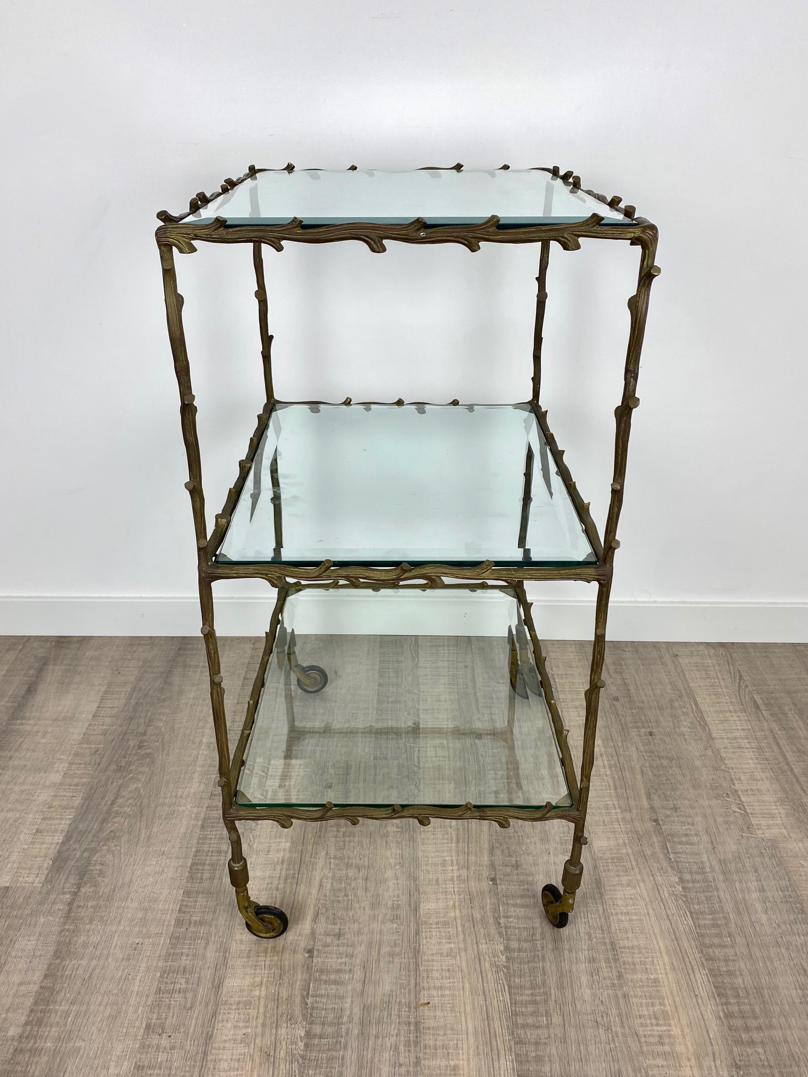 Serving Cart Trolley by Maison Baguès Brass Branches and Glass France, 1950s 3