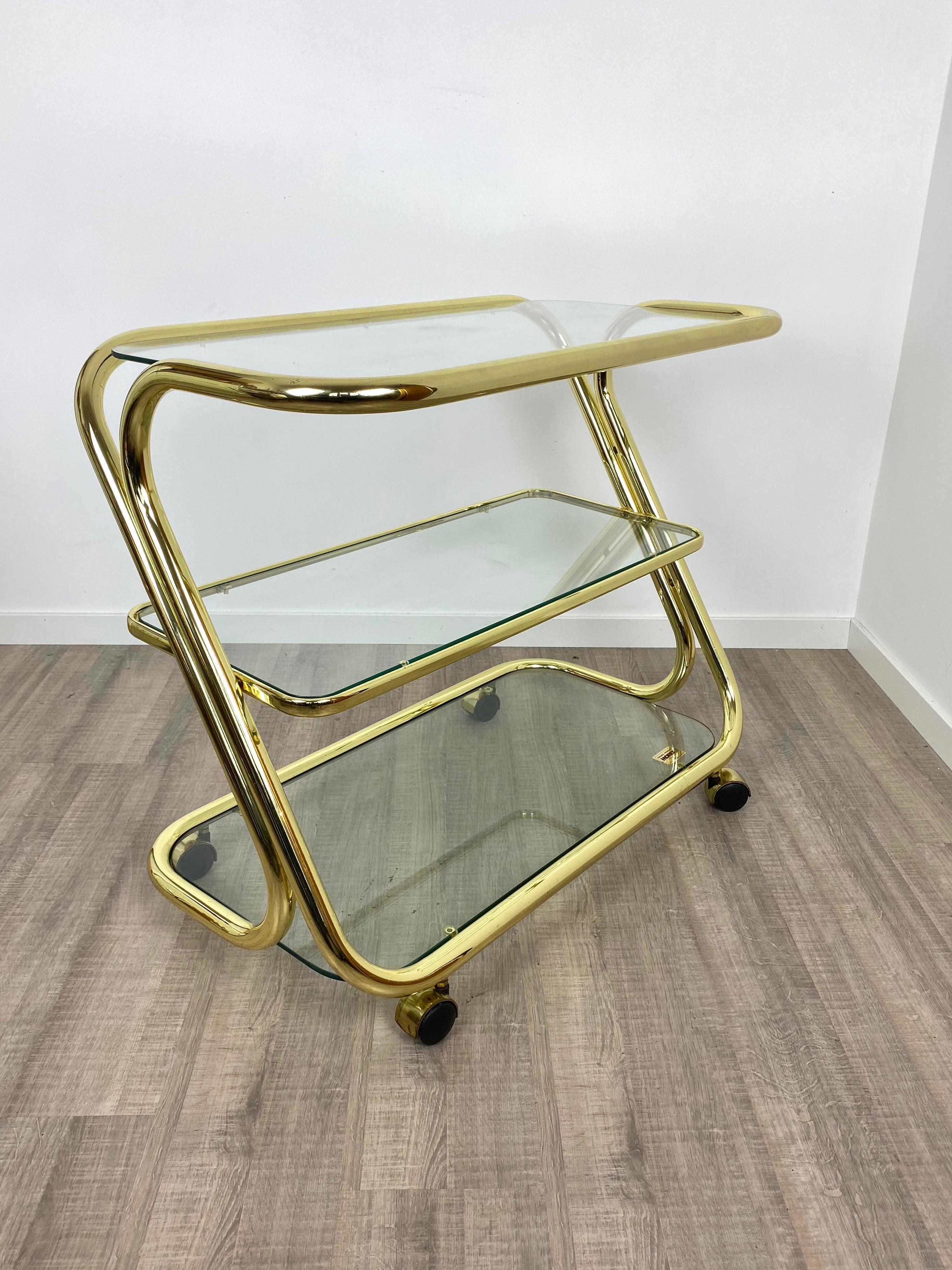 Serving Cart Trolley in Glass and Golden Metal by Morex, Italy, 1980s For Sale 7