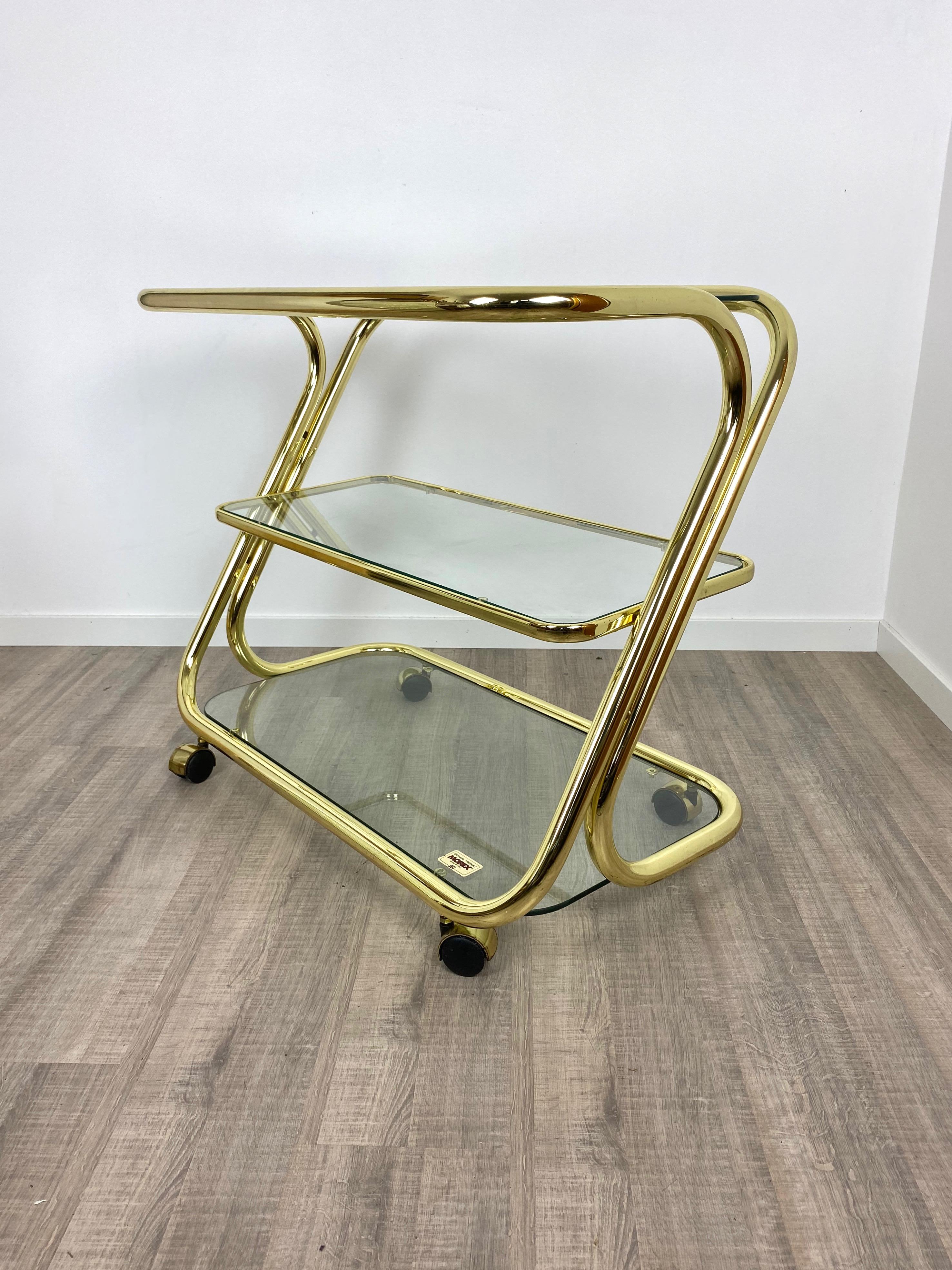 Mid-Century Modern Serving Cart Trolley in Glass and Golden Metal by Morex, Italy, 1980s For Sale