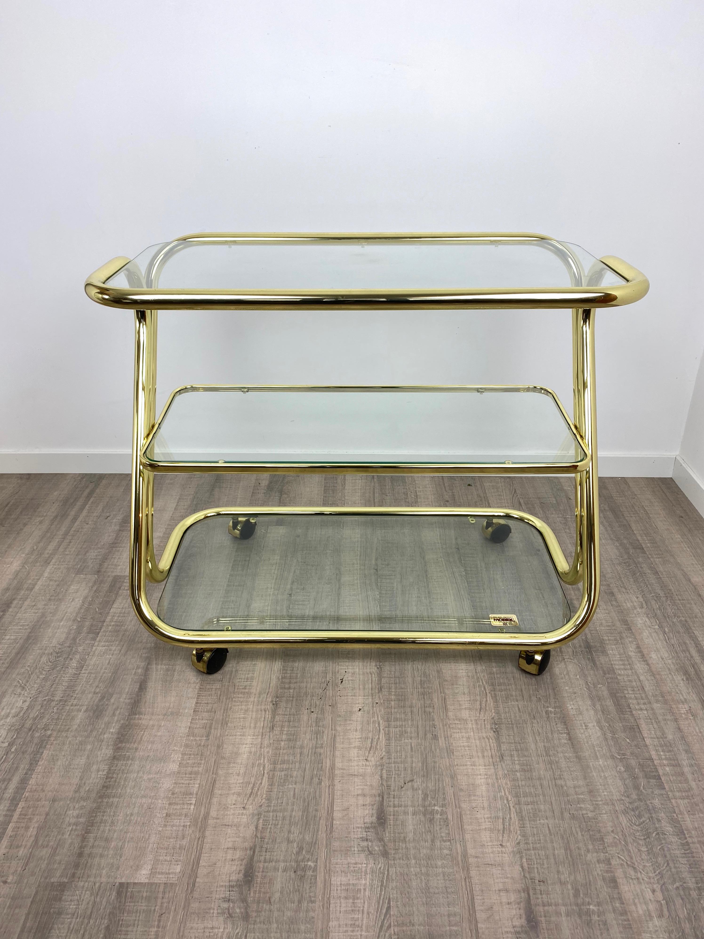 Italian Serving Cart Trolley in Glass and Golden Metal by Morex, Italy, 1980s For Sale