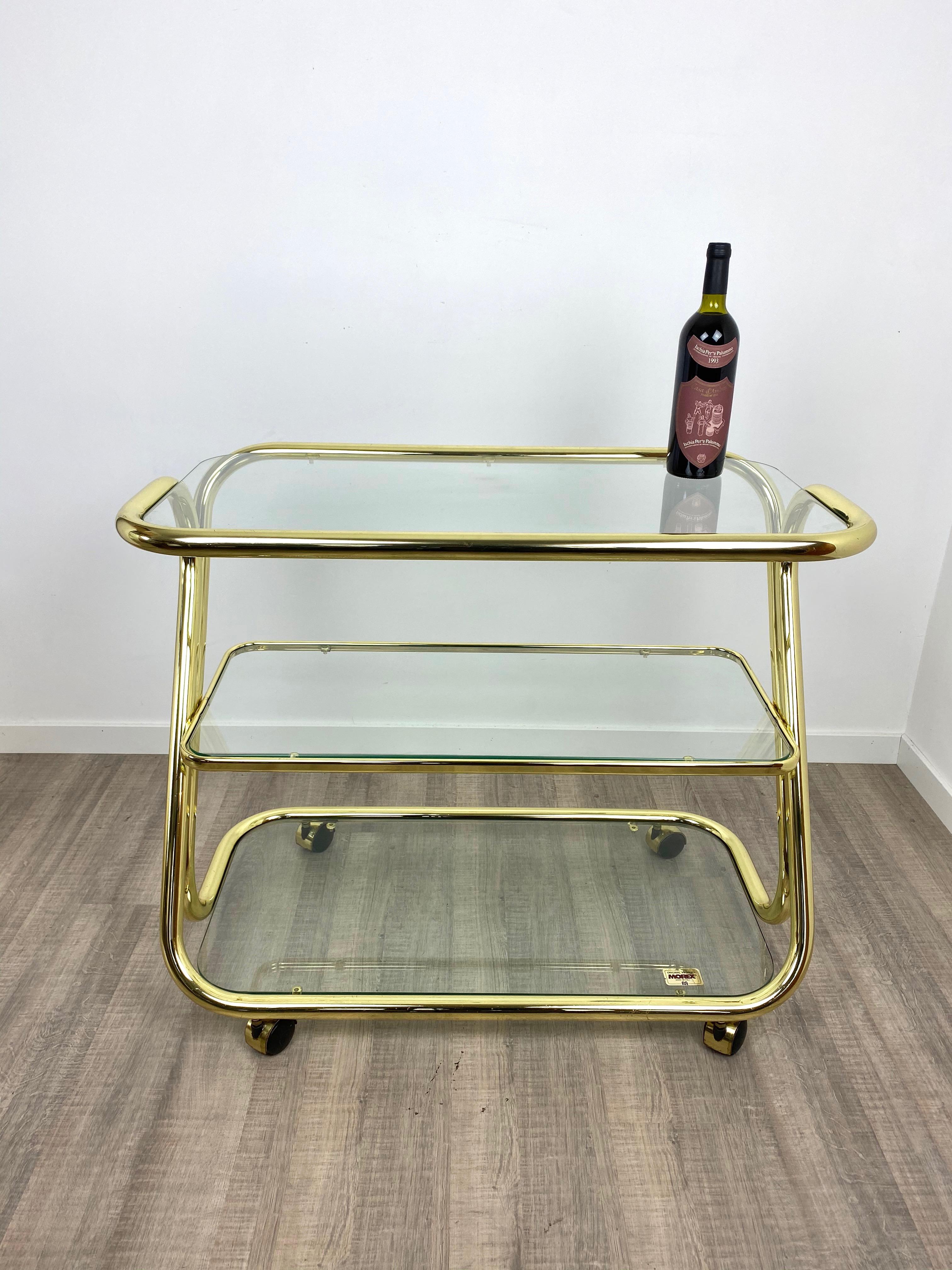 Serving Cart Trolley in Glass and Golden Metal by Morex, Italy, 1980s In Good Condition For Sale In Rome, IT