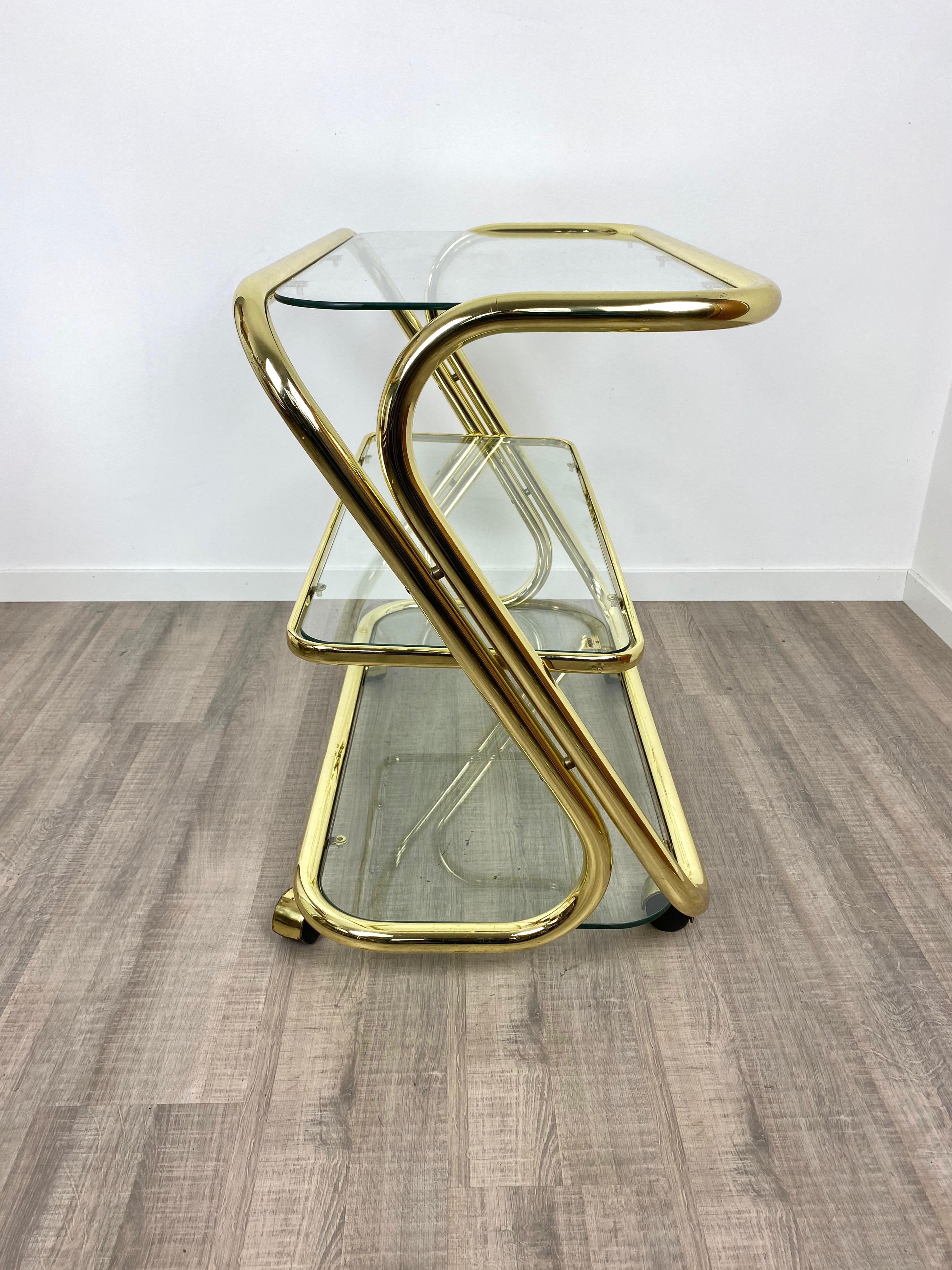 Late 20th Century Serving Cart Trolley in Glass and Golden Metal by Morex, Italy, 1980s For Sale