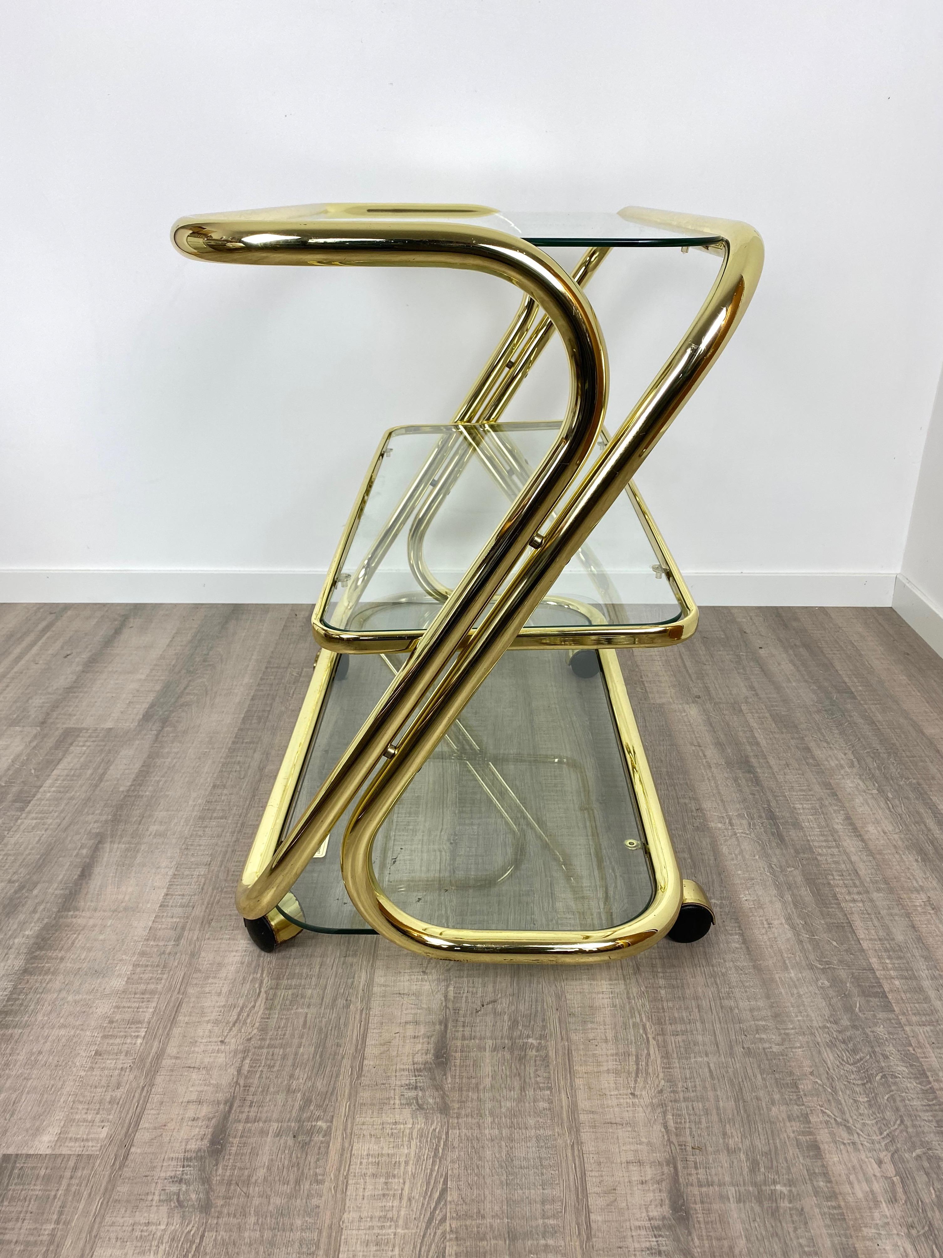 Serving Cart Trolley in Glass and Golden Metal by Morex, Italy, 1980s For Sale 1