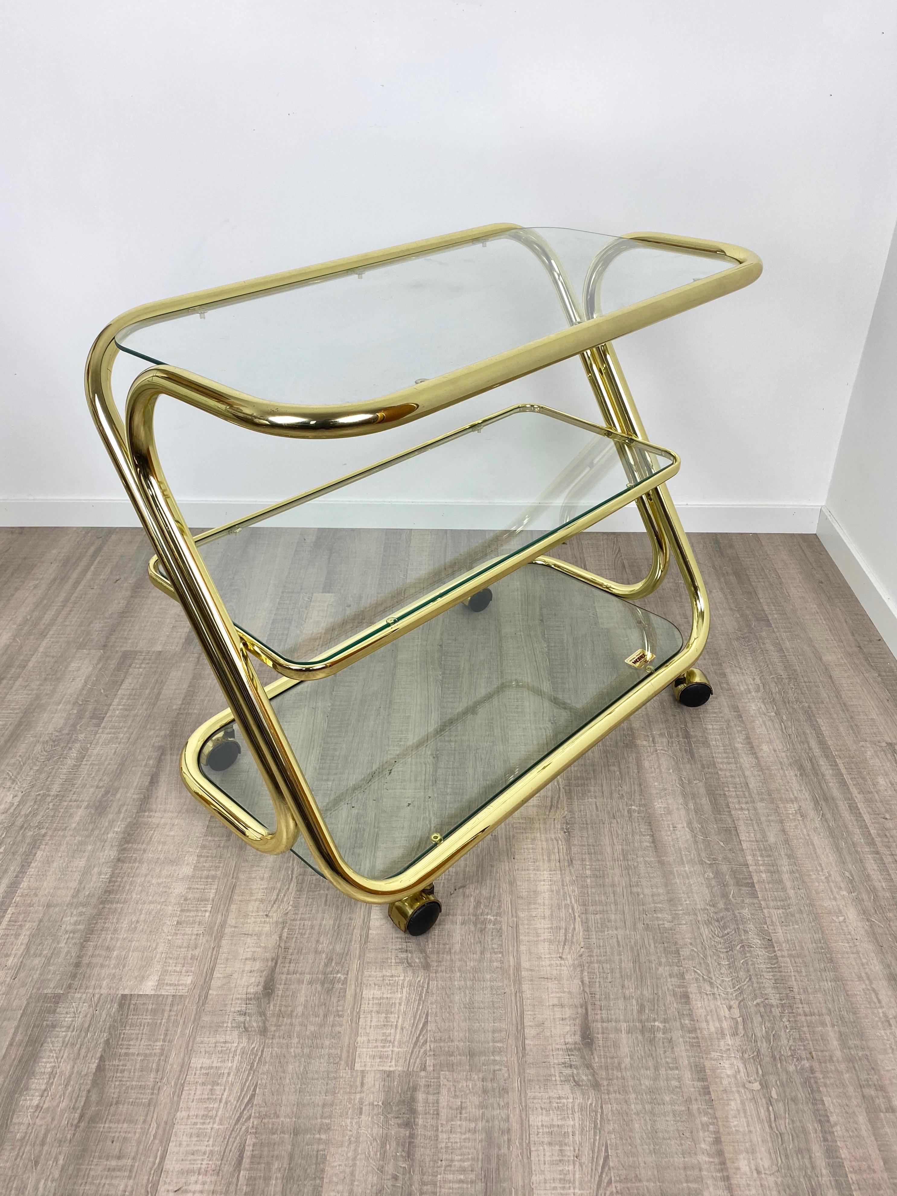 Serving Cart Trolley in Glass and Golden Metal by Morex, Italy, 1980s For Sale 2