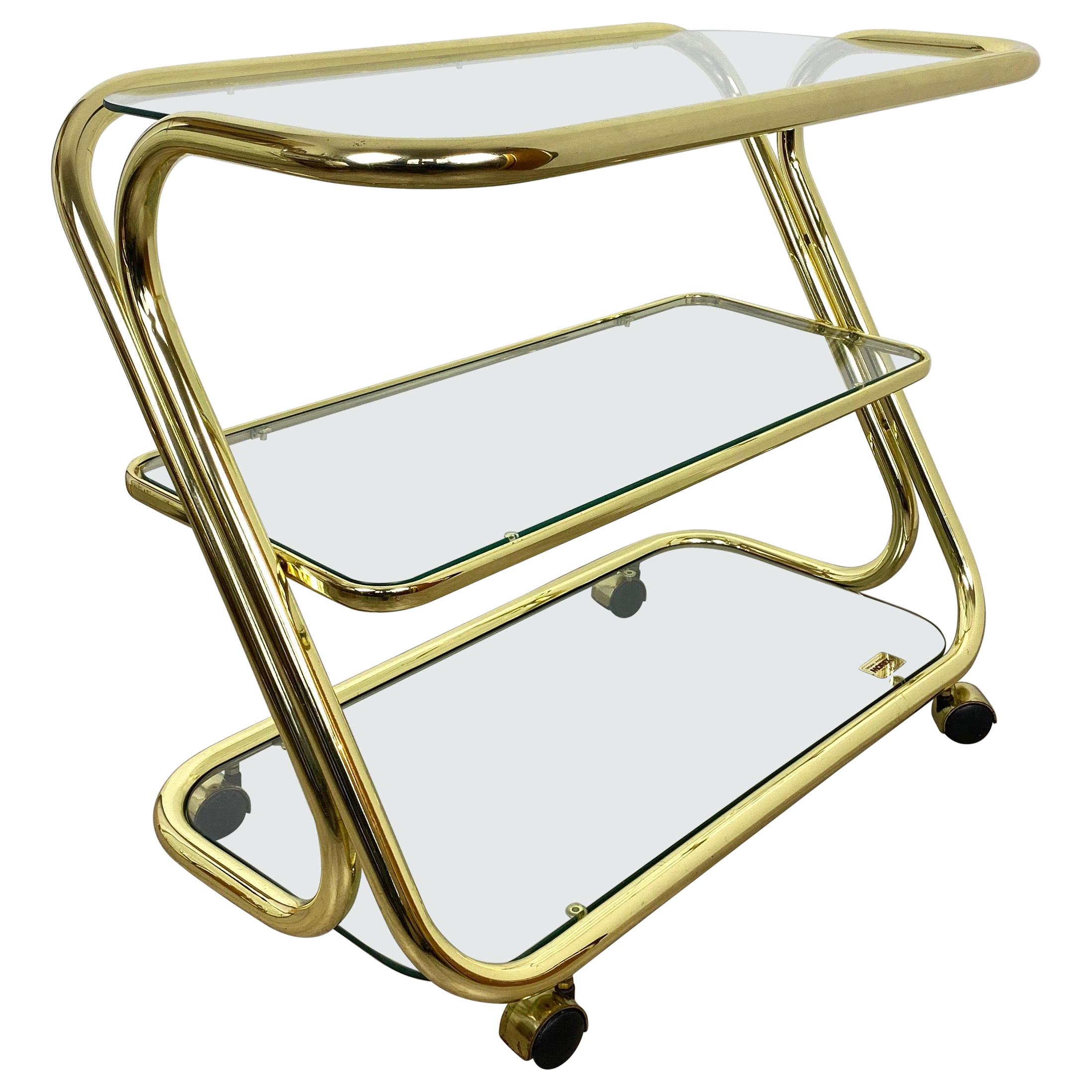 Serving Cart Trolley in Glass and Golden Metal by Morex, Italy, 1980s