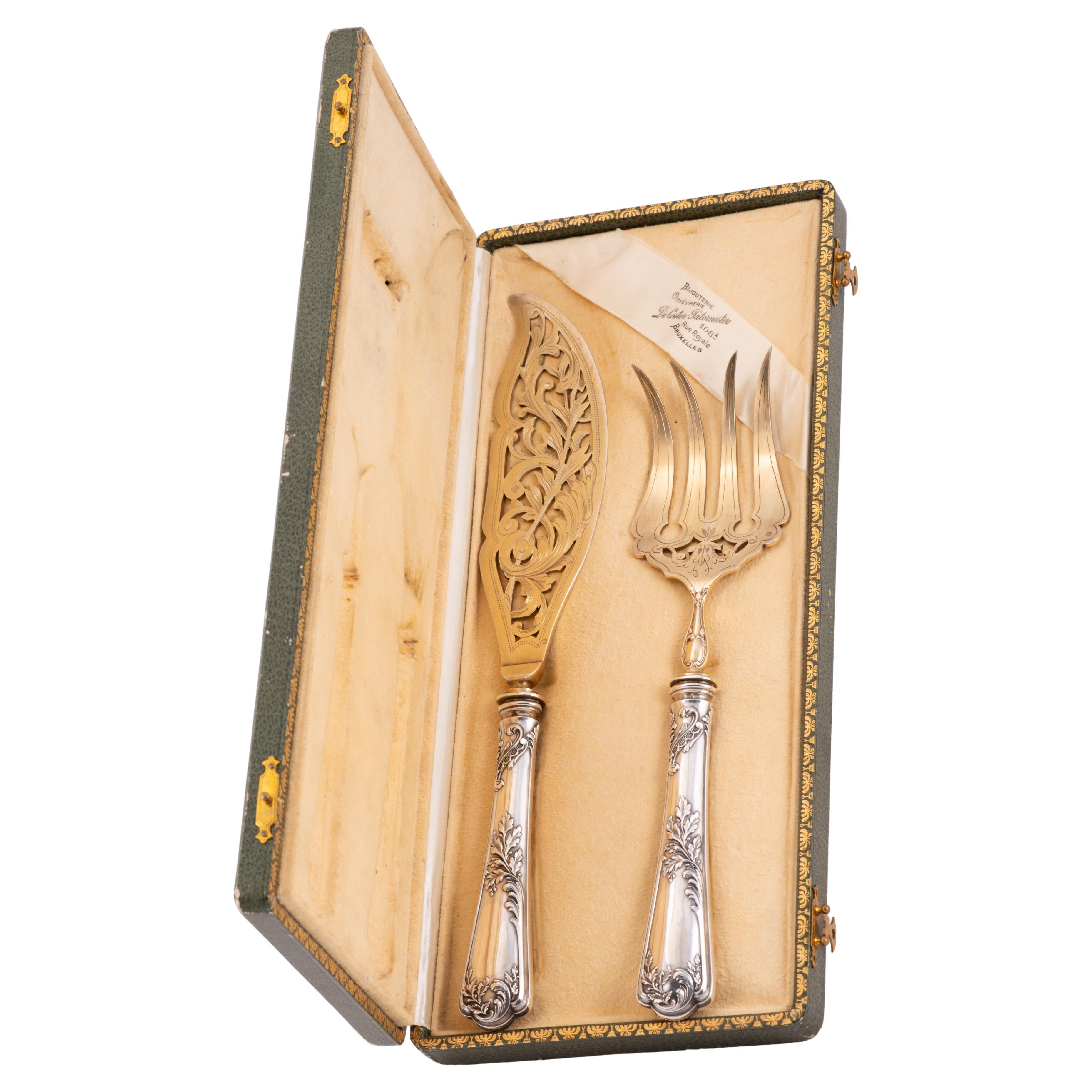 Serving cutlery in a case. Silver, etc. Puiforcat, France, ca 1900.