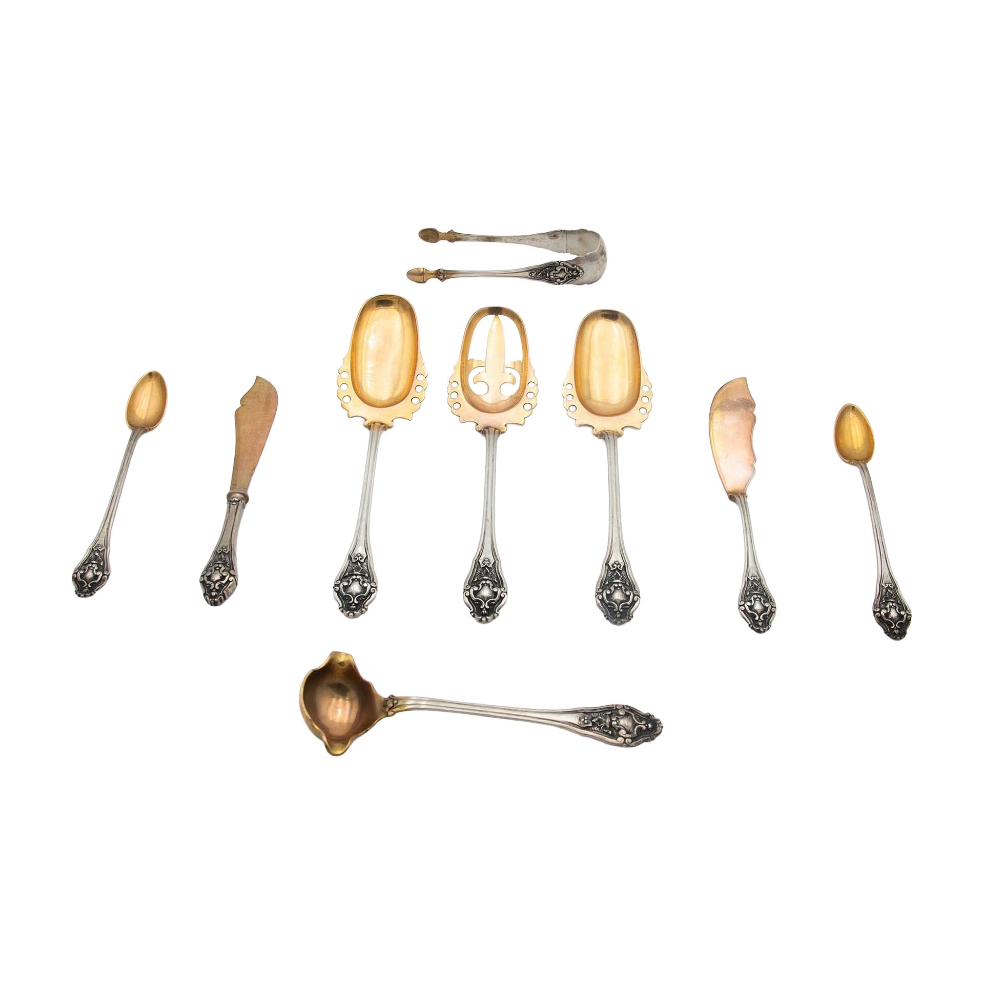 Serving cutlery set in gold-plated silver with shells