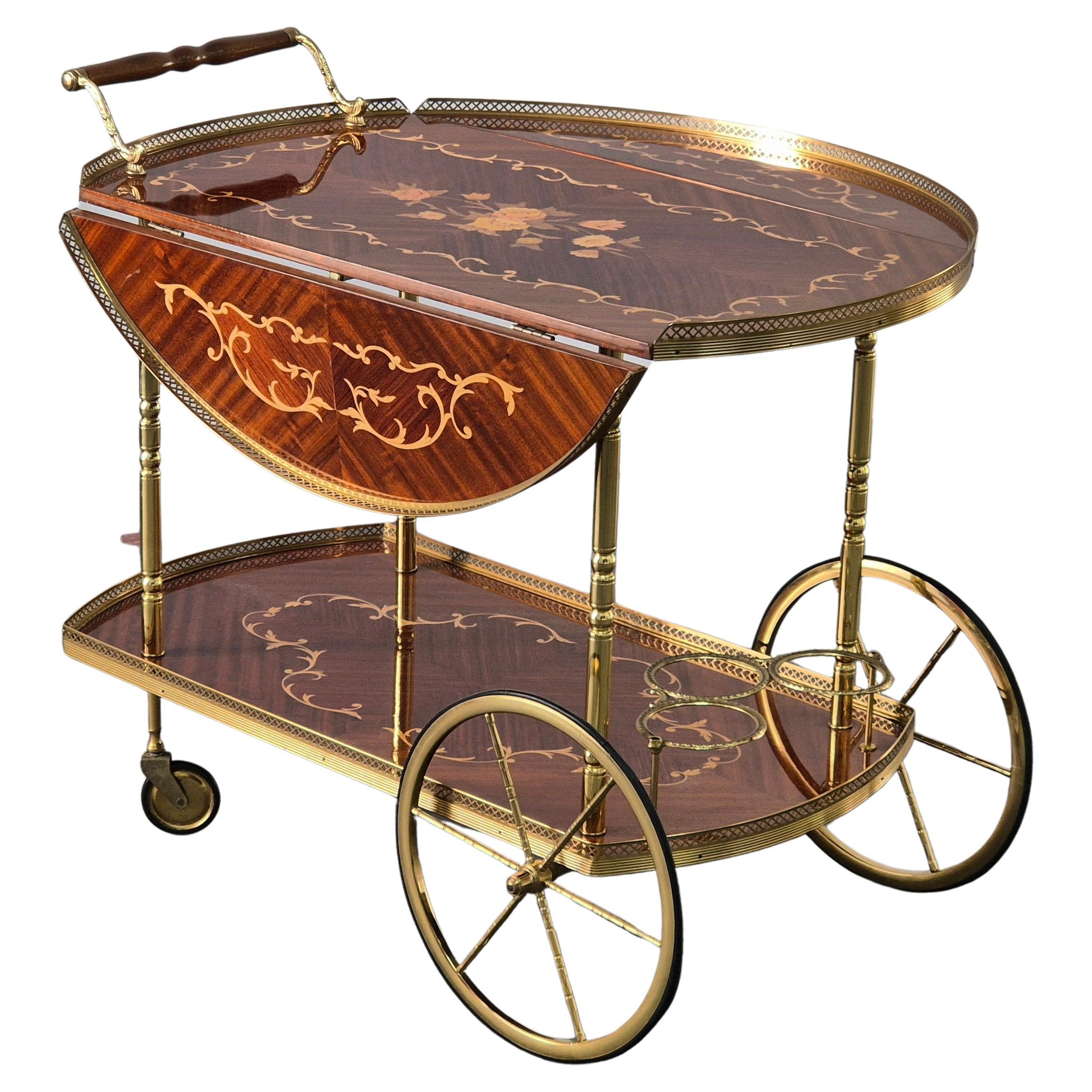 Serving Drink Bar Cart Trolley with side flaps, marquetry inlays, 1970s.