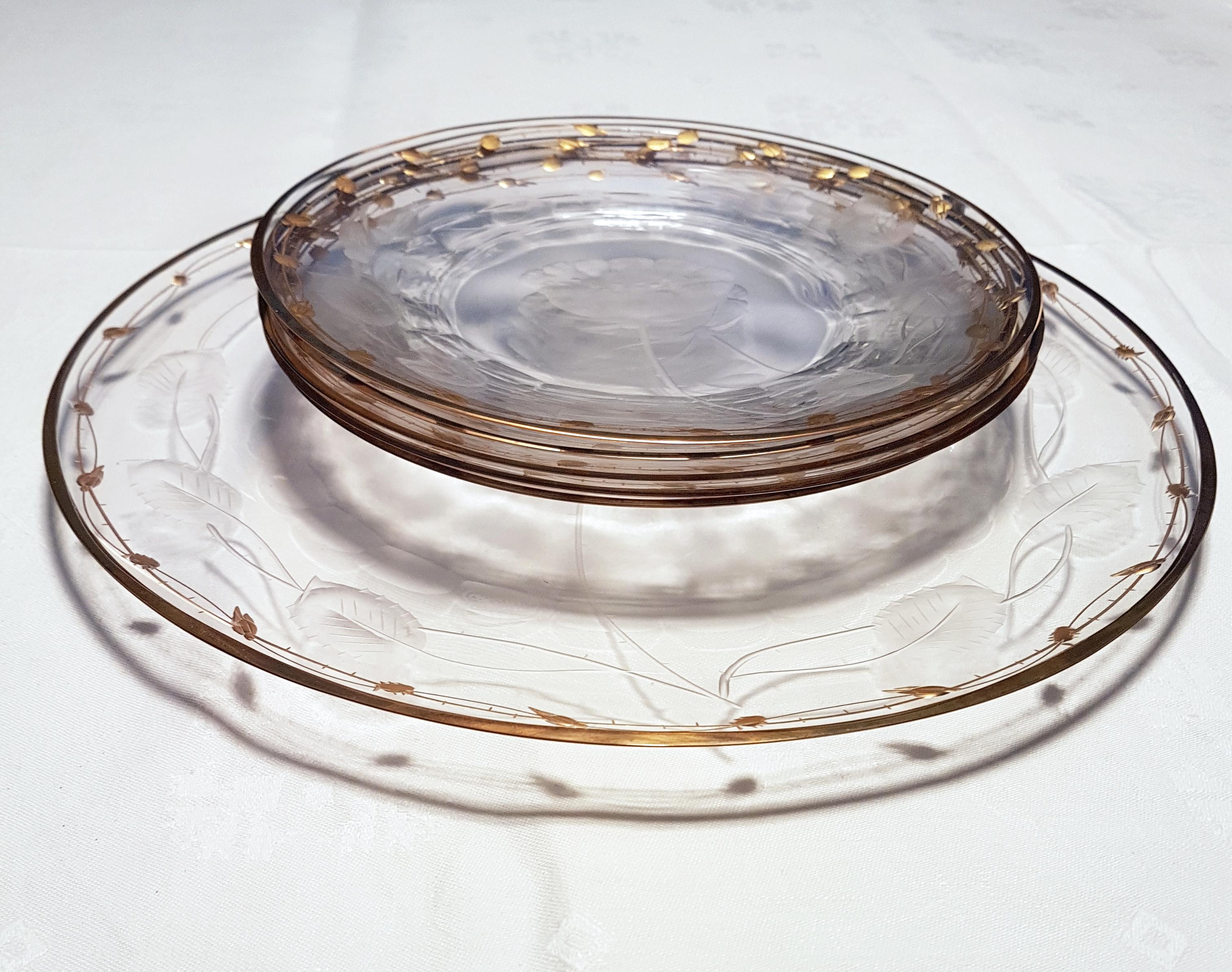 Czech Serving Plate Art Nouveau Hand Blown, Engraved, Gilded Rose 'Paula' by Moser