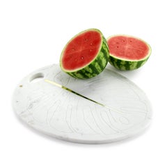 Tableware Platter Cutting Board White Carrara Marble Brass Inlay Italy Handmade