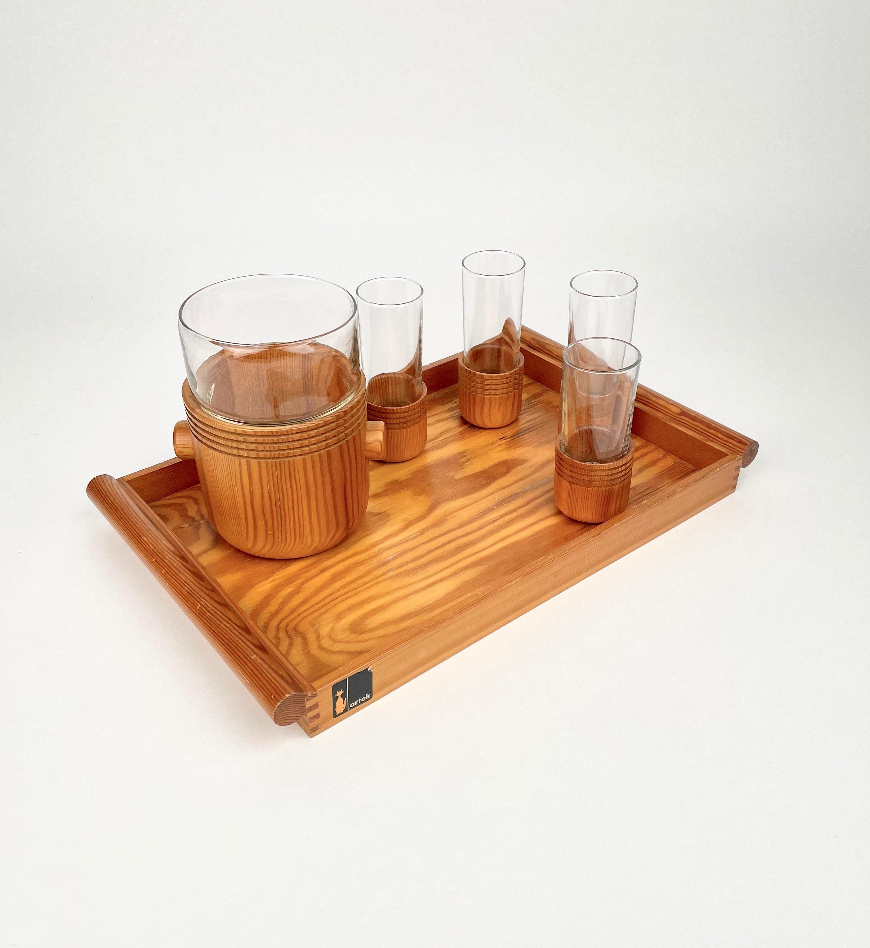 Mid-Century Modern Serving Set of Tray Ice Bucket and Glasses by Alvar Aalto for Artek, Italy 1960s