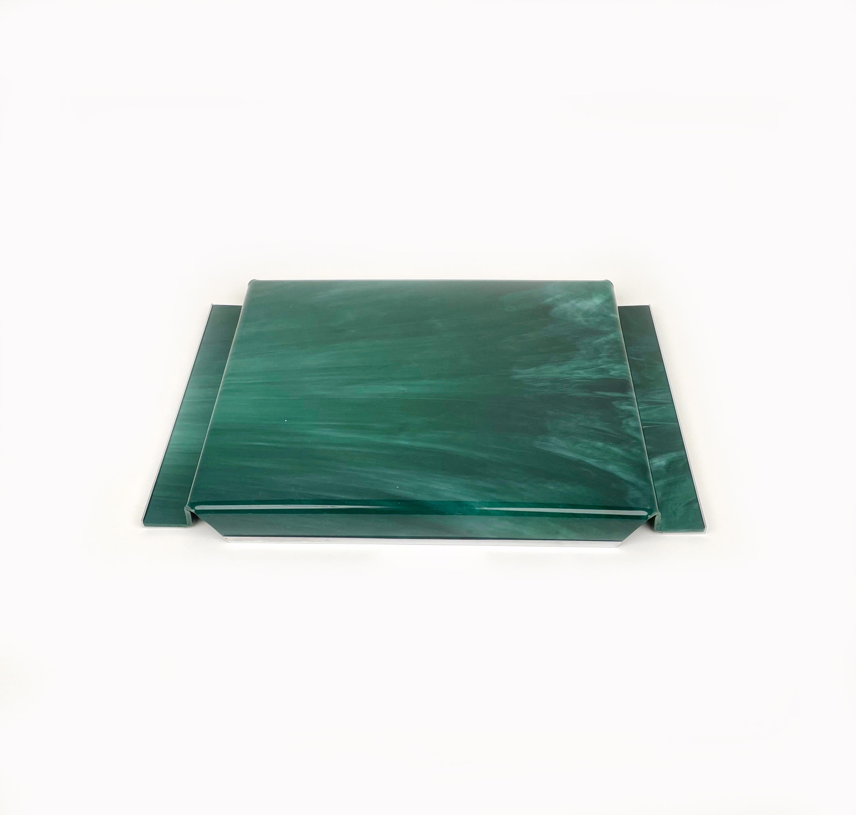 Plateau de service en marbre vert acrylique et chrome style Willy Rizzo, Italie, années 1970 en vente 3