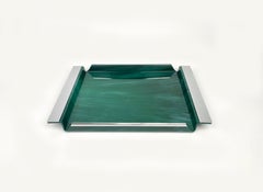 Serving Tray Acrylic Green Marble Effect & Chrome Willy Rizzo Style, Italy 1970s
