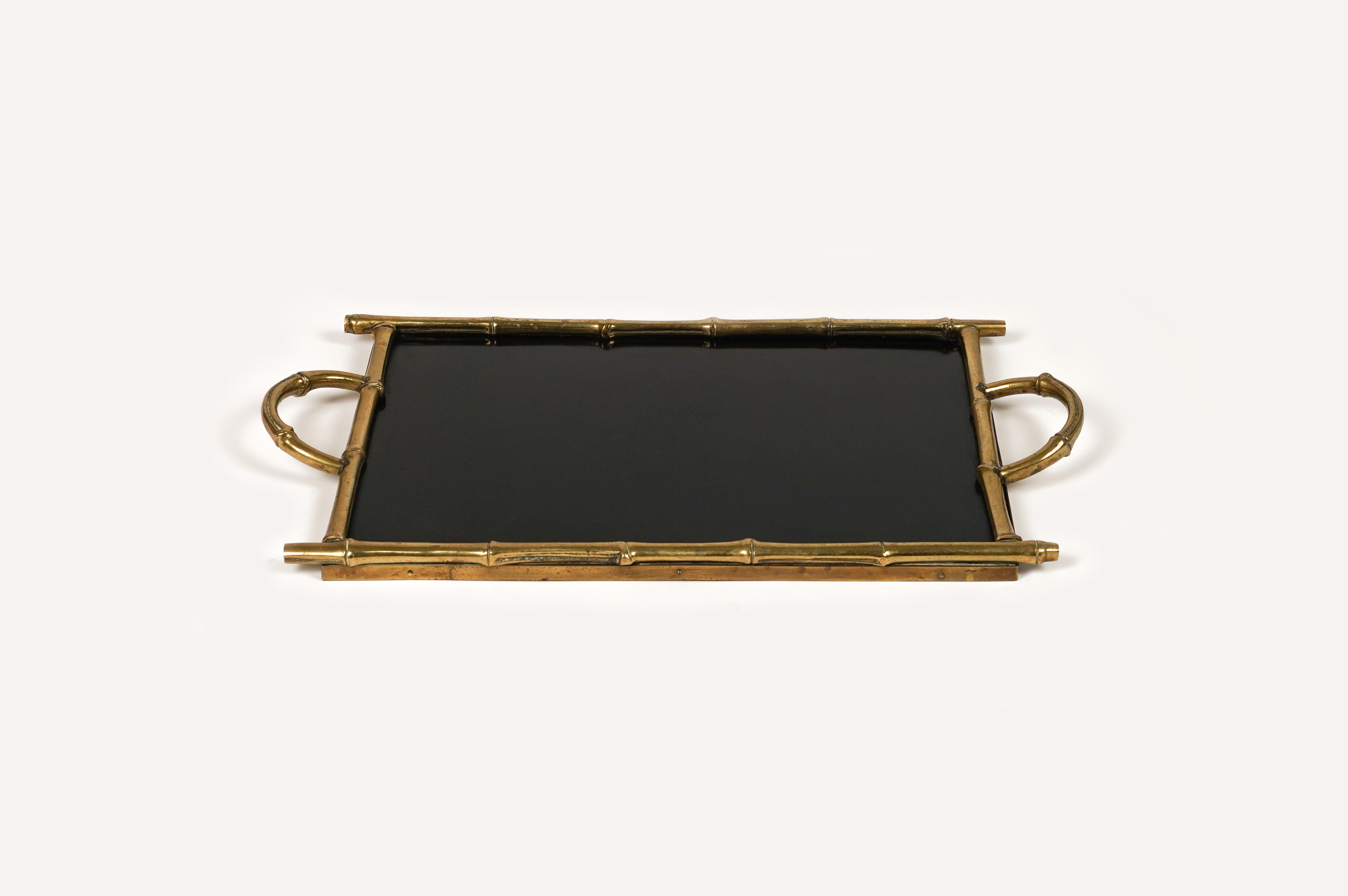 Serving Tray Brass Faux Bamboo & Black Laminate by Maison Bagues, France 1960s For Sale 4