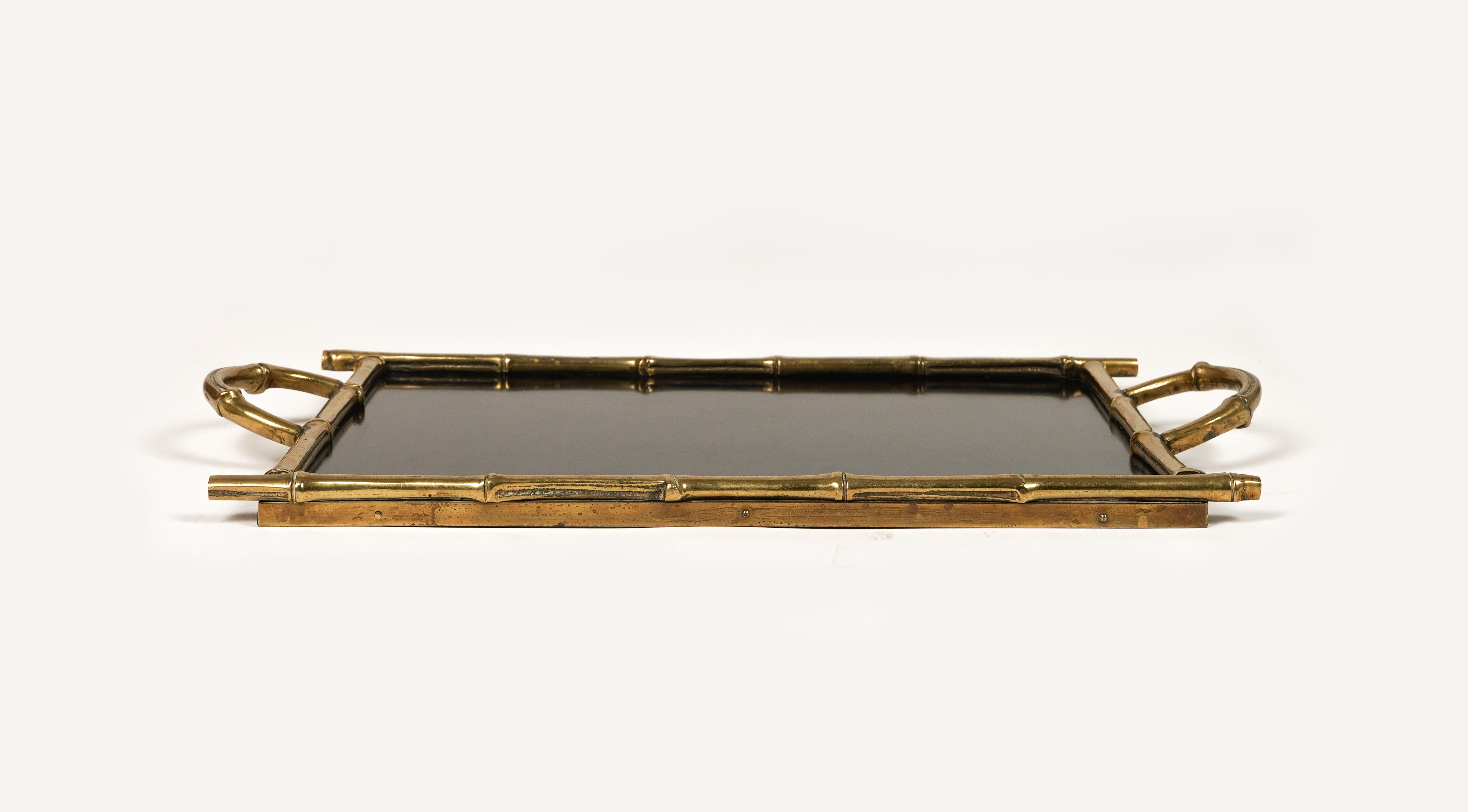 Serving Tray Brass Faux Bamboo & Black Laminate by Maison Bagues, France 1960s For Sale 5