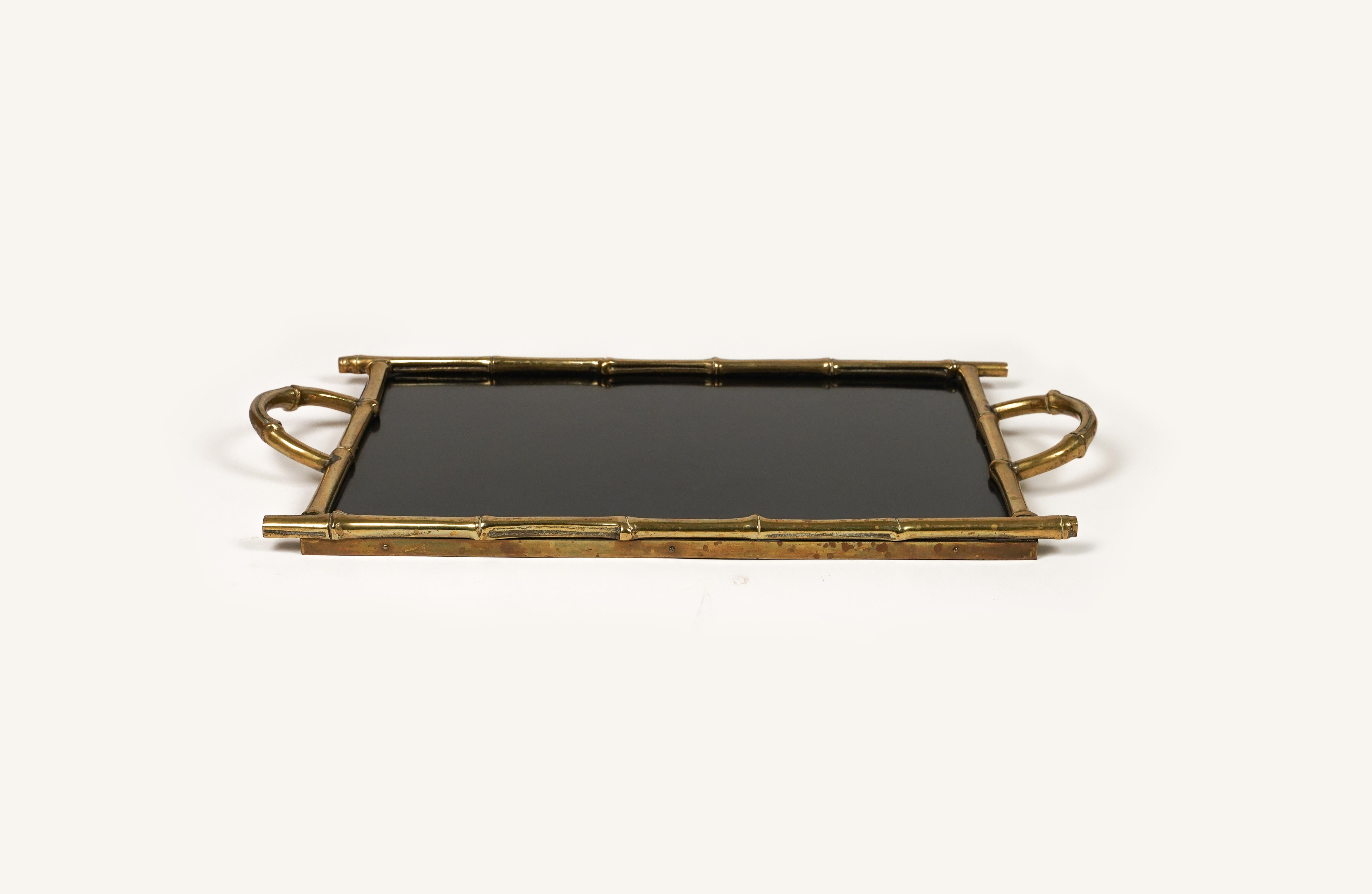 Mid-Century Modern Serving Tray Brass Faux Bamboo & Black Laminate by Maison Bagues, France 1960s For Sale