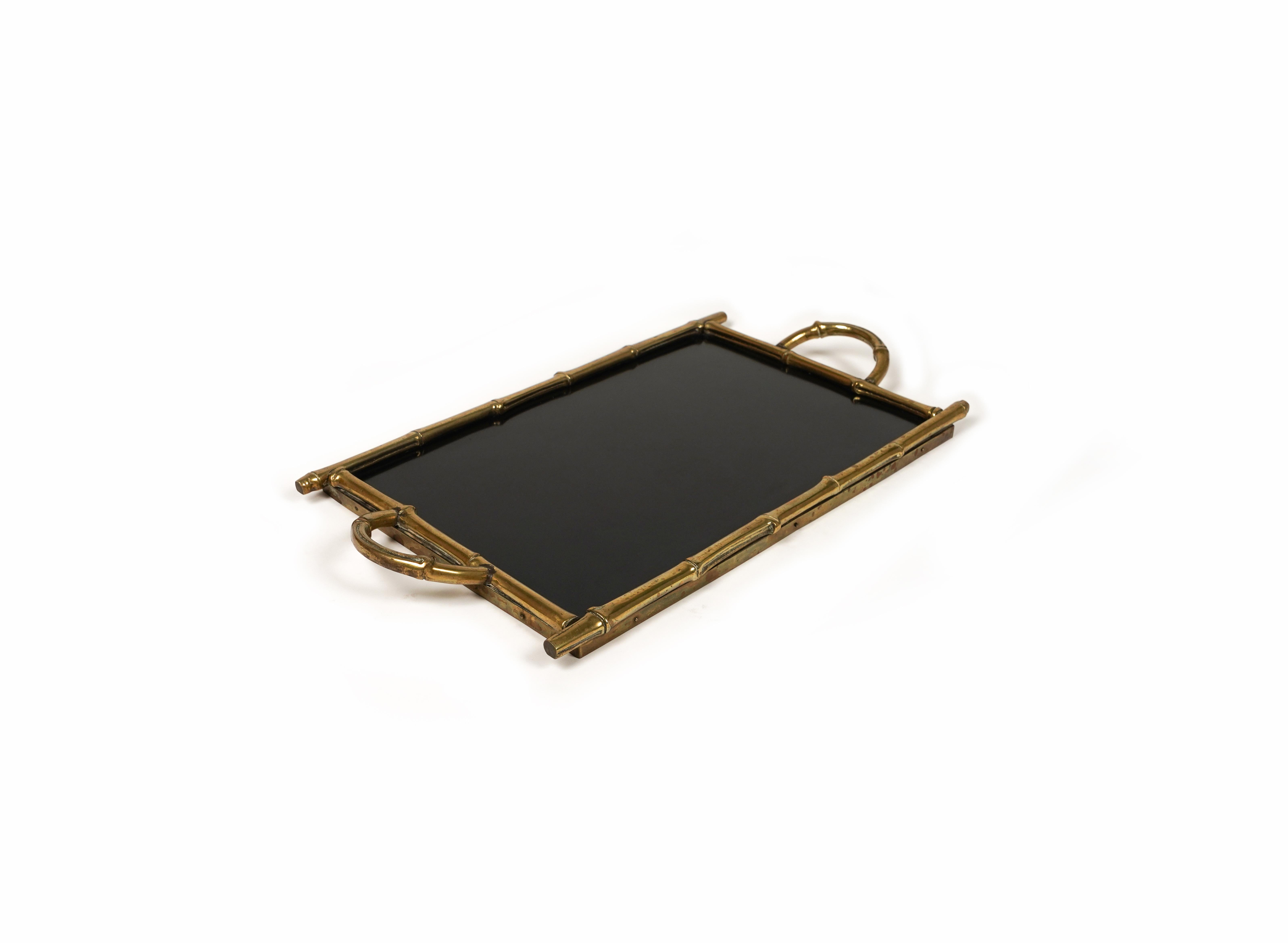 French Serving Tray Brass Faux Bamboo & Black Laminate by Maison Bagues, France 1960s For Sale