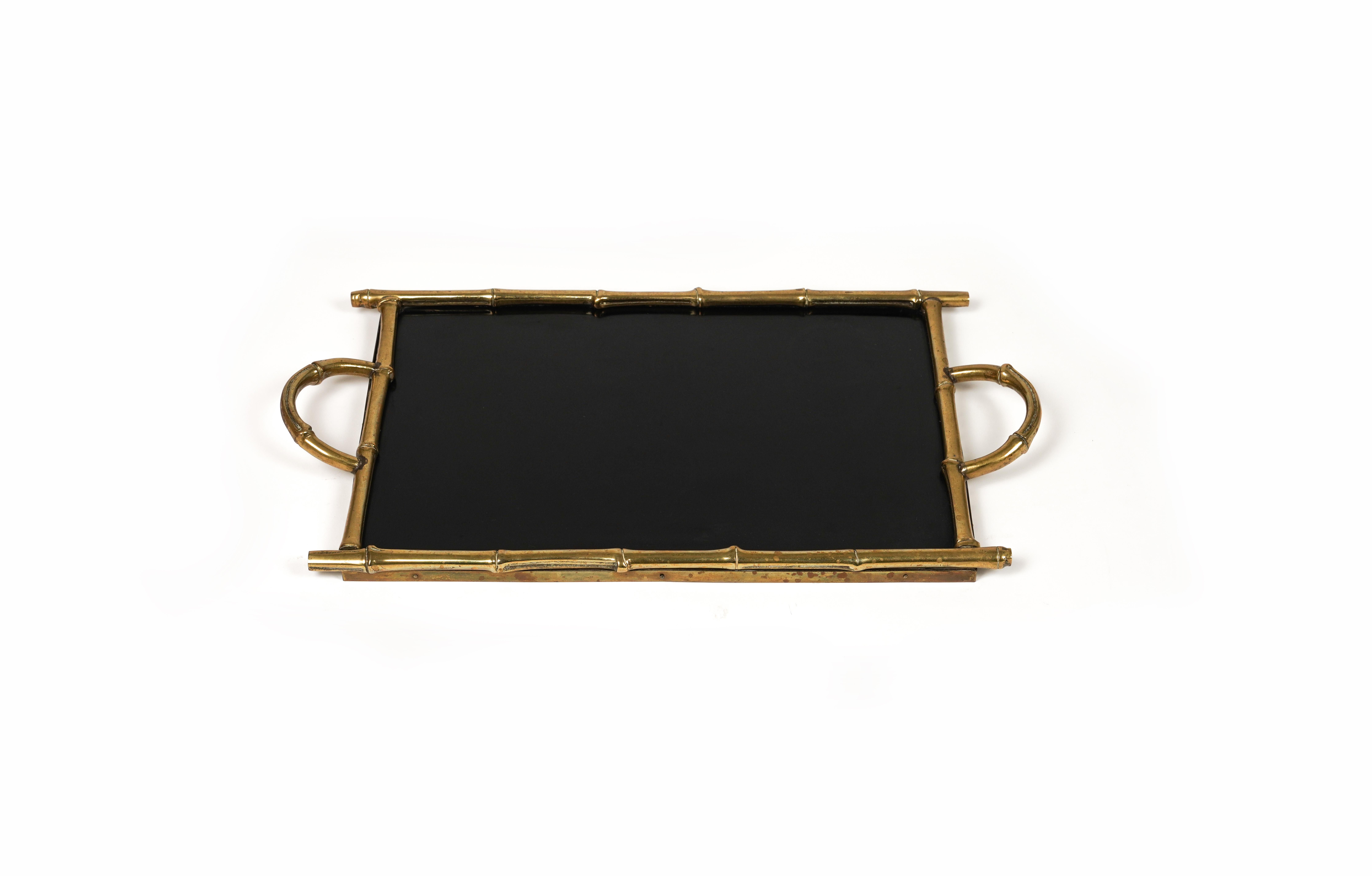 Serving Tray Brass Faux Bamboo & Black Laminate by Maison Bagues, France 1960s In Good Condition For Sale In Rome, IT