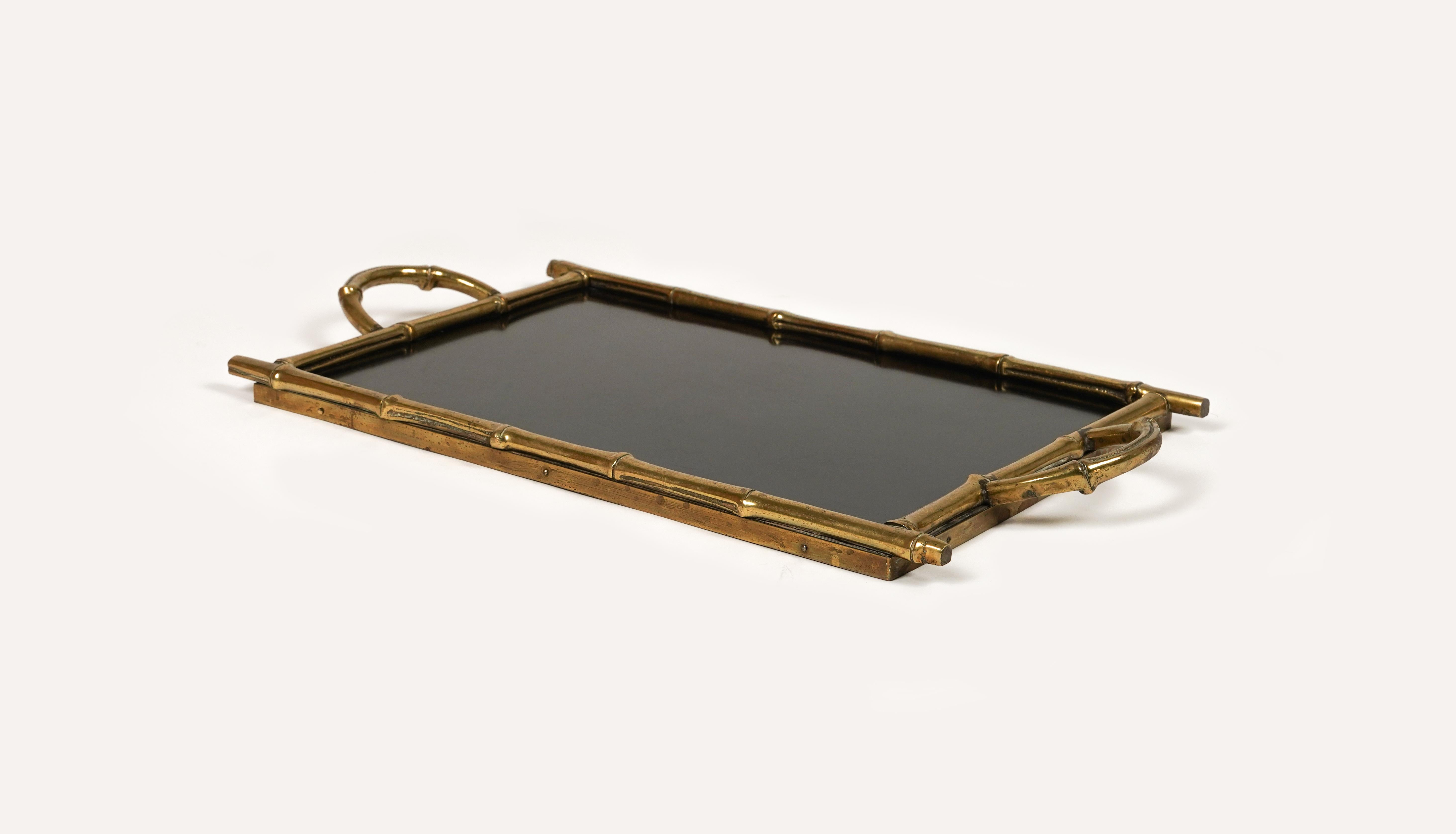 Mid-20th Century Serving Tray Brass Faux Bamboo & Black Laminate by Maison Bagues, France 1960s For Sale