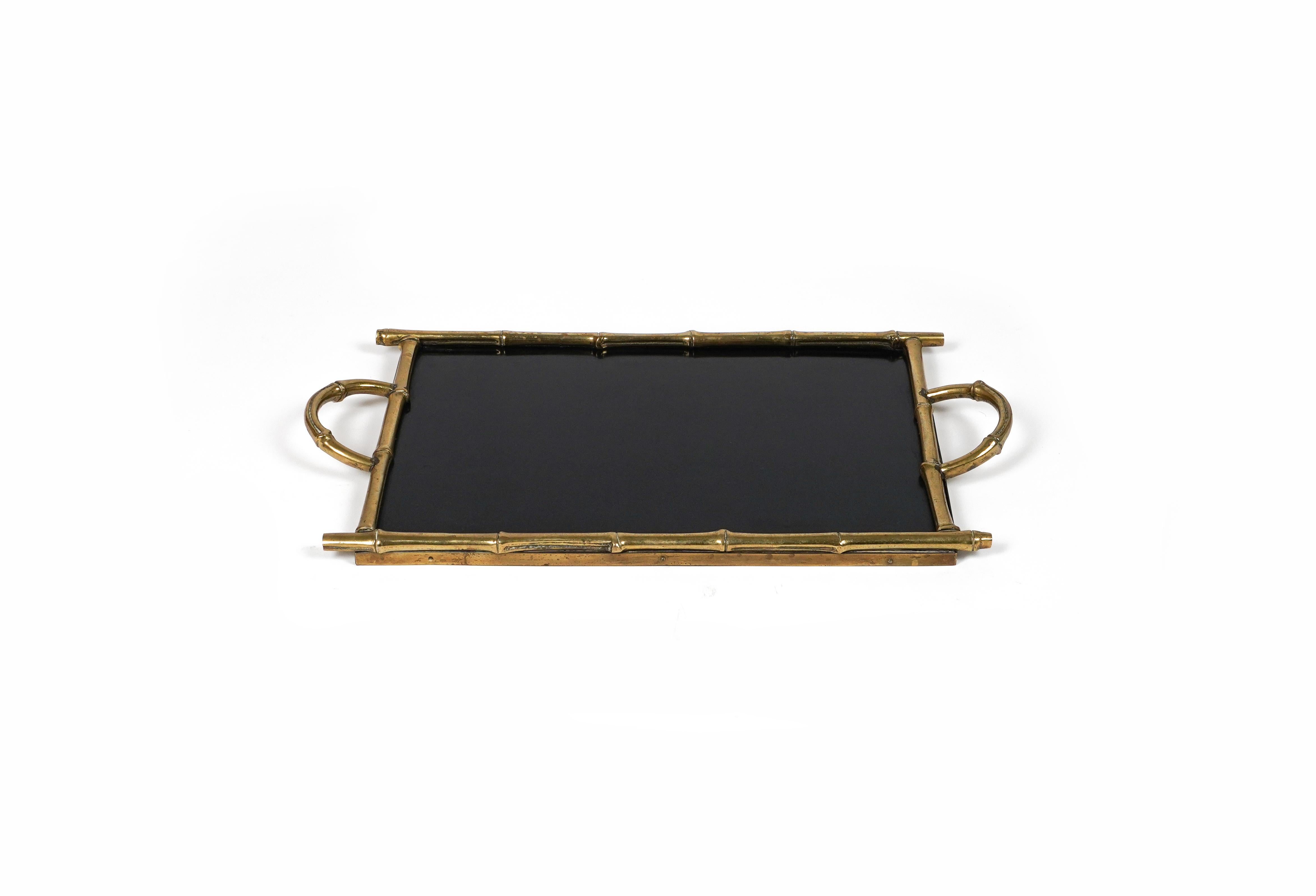 Metal Serving Tray Brass Faux Bamboo & Black Laminate by Maison Bagues, France 1960s For Sale
