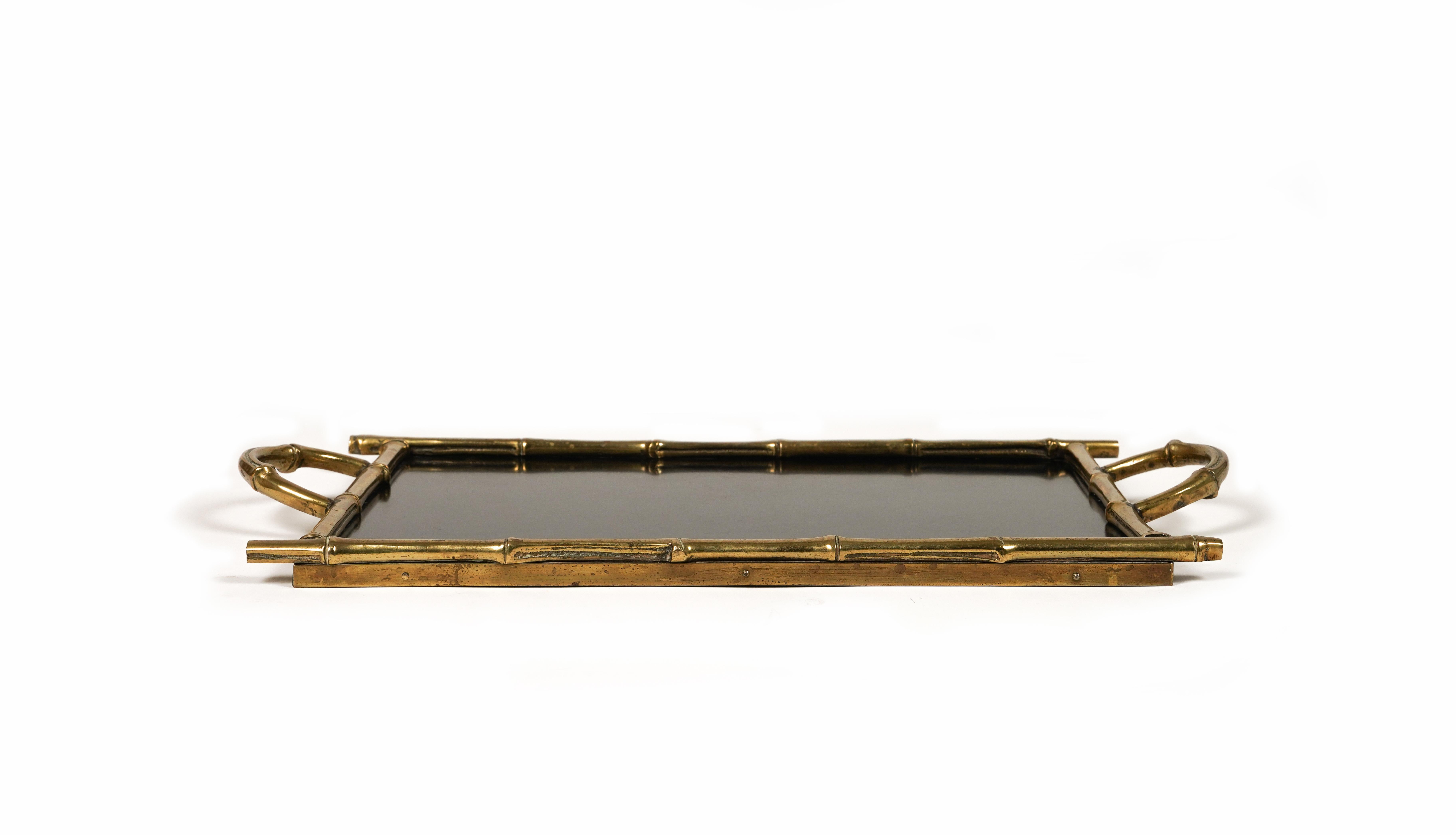 Serving Tray Brass Faux Bamboo & Black Laminate by Maison Bagues, France 1960s For Sale 1