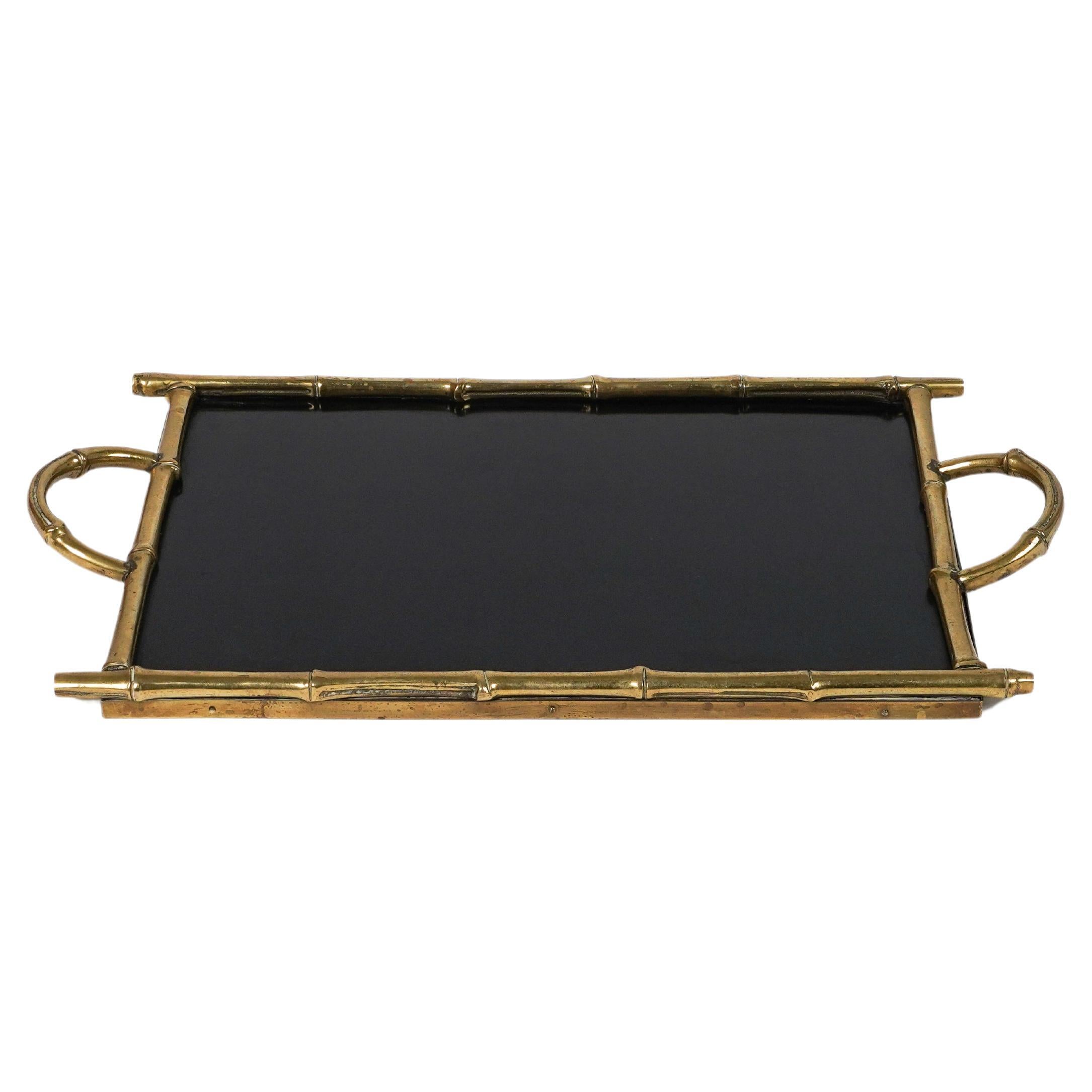 Serving Tray Brass Faux Bamboo & Black Laminate by Maison Bagues, France 1960s