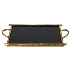 Retro Serving Tray Brass Faux Bamboo & Black Laminate by Maison Bagues, France 1960s