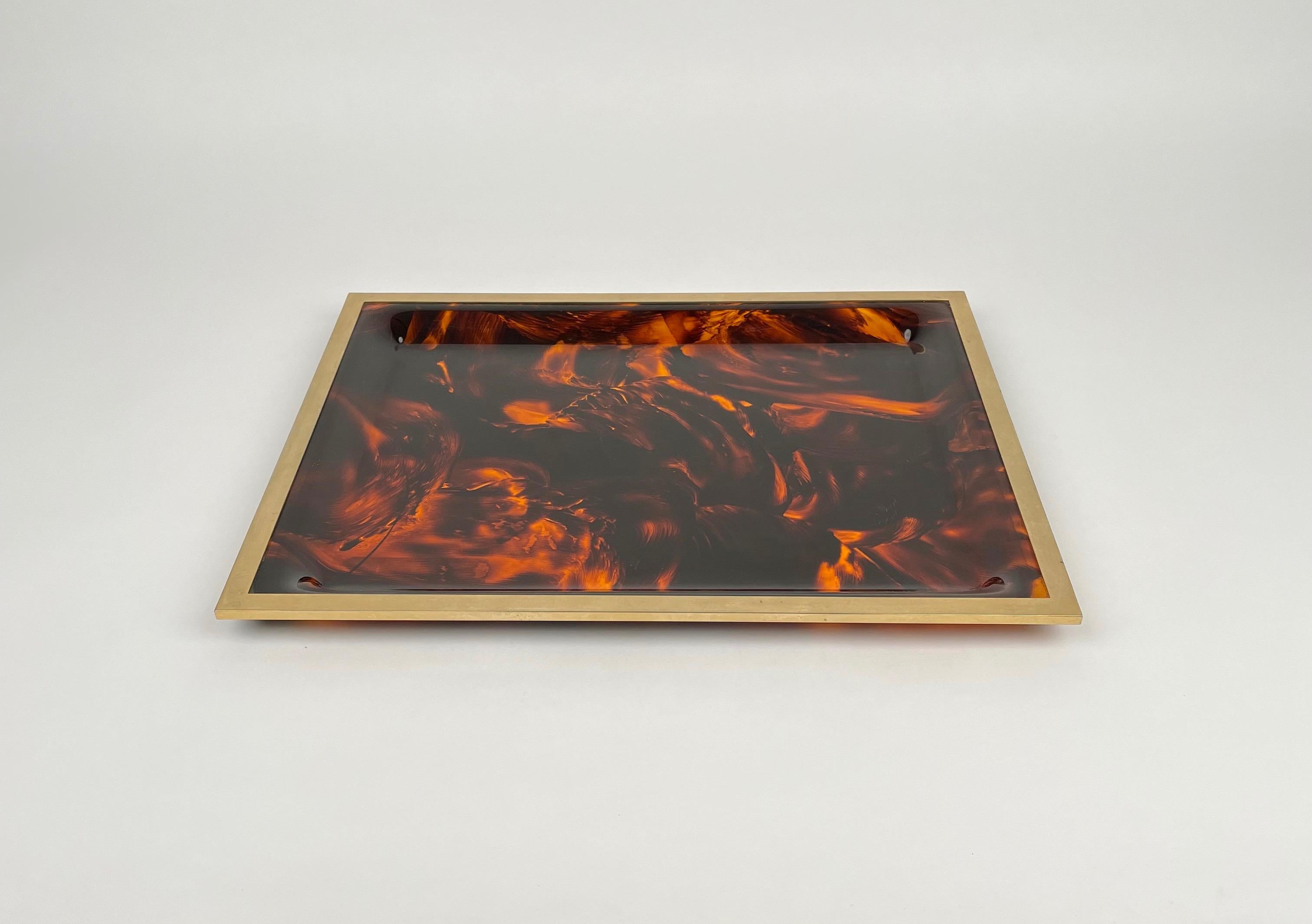 Mid-Century Modern Serving Tray Centerpiece Faux Tortoiseshell Lucite & Brass by Taitu, Italy 1970s