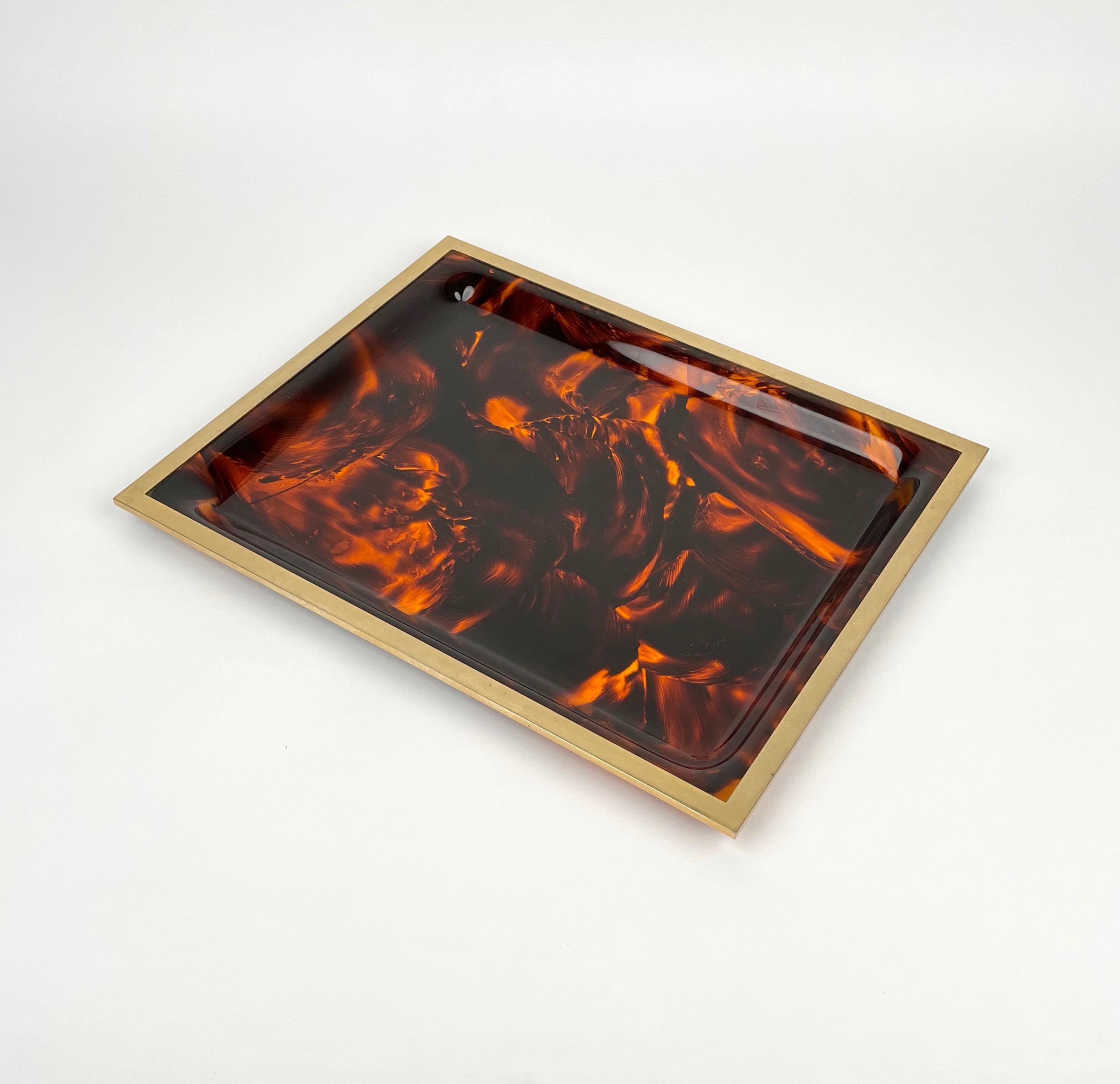 Italian Serving Tray Centerpiece Faux Tortoiseshell Lucite & Brass by Taitu, Italy 1970s