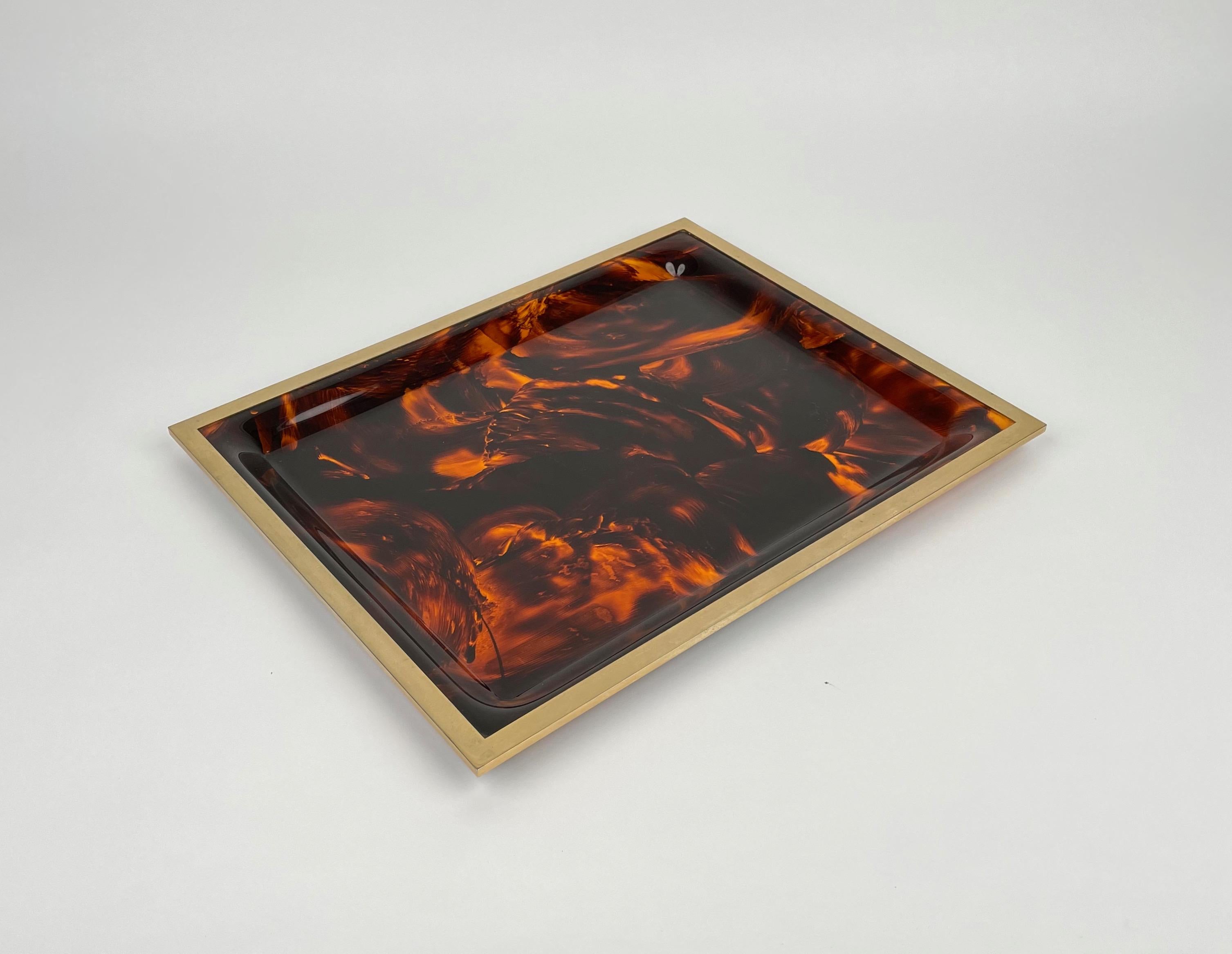 Late 20th Century Serving Tray Centerpiece Faux Tortoiseshell Lucite & Brass by Taitu, Italy 1970s