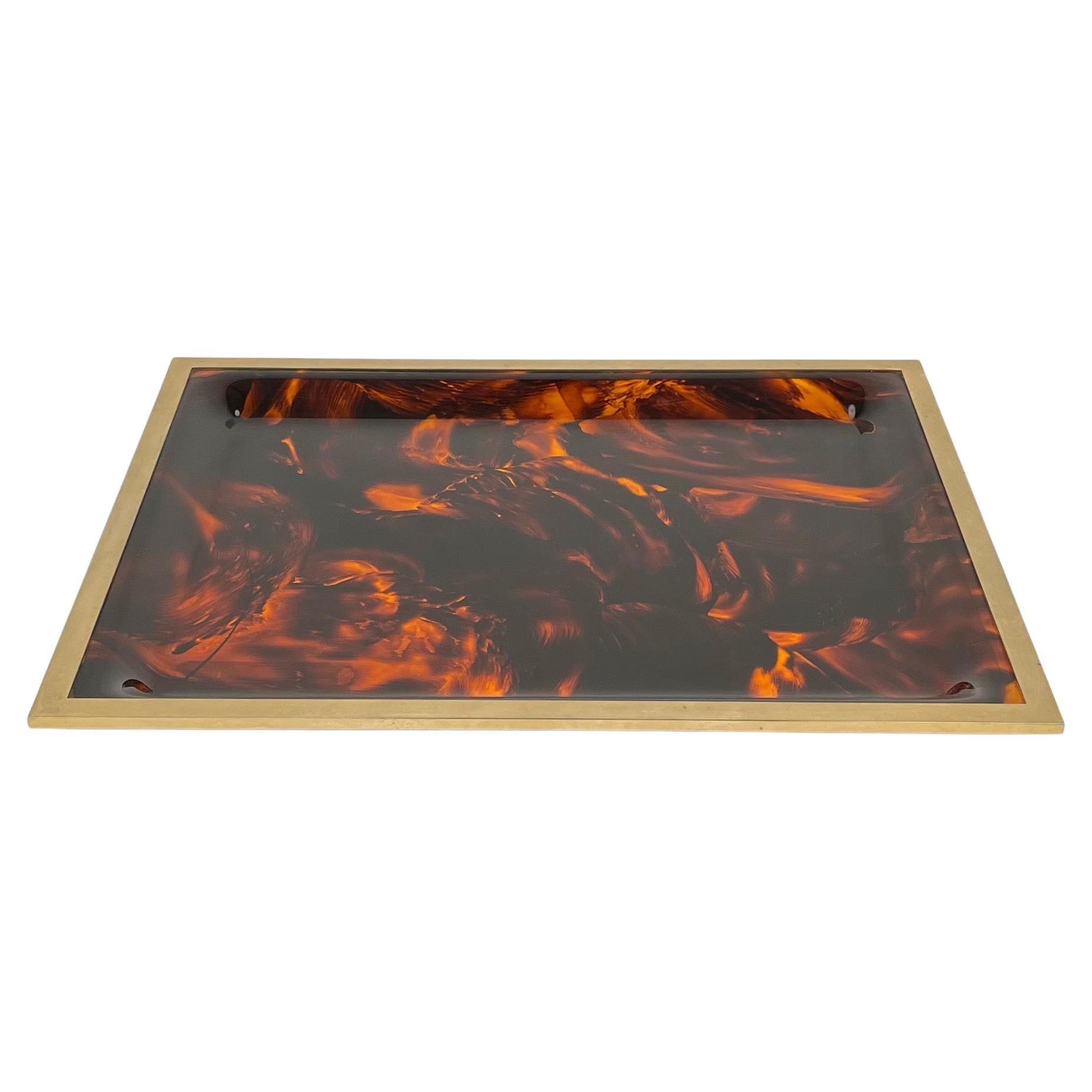 Serving Tray Centerpiece Faux Tortoiseshell Lucite & Brass by Taitu, Italy 1970s
