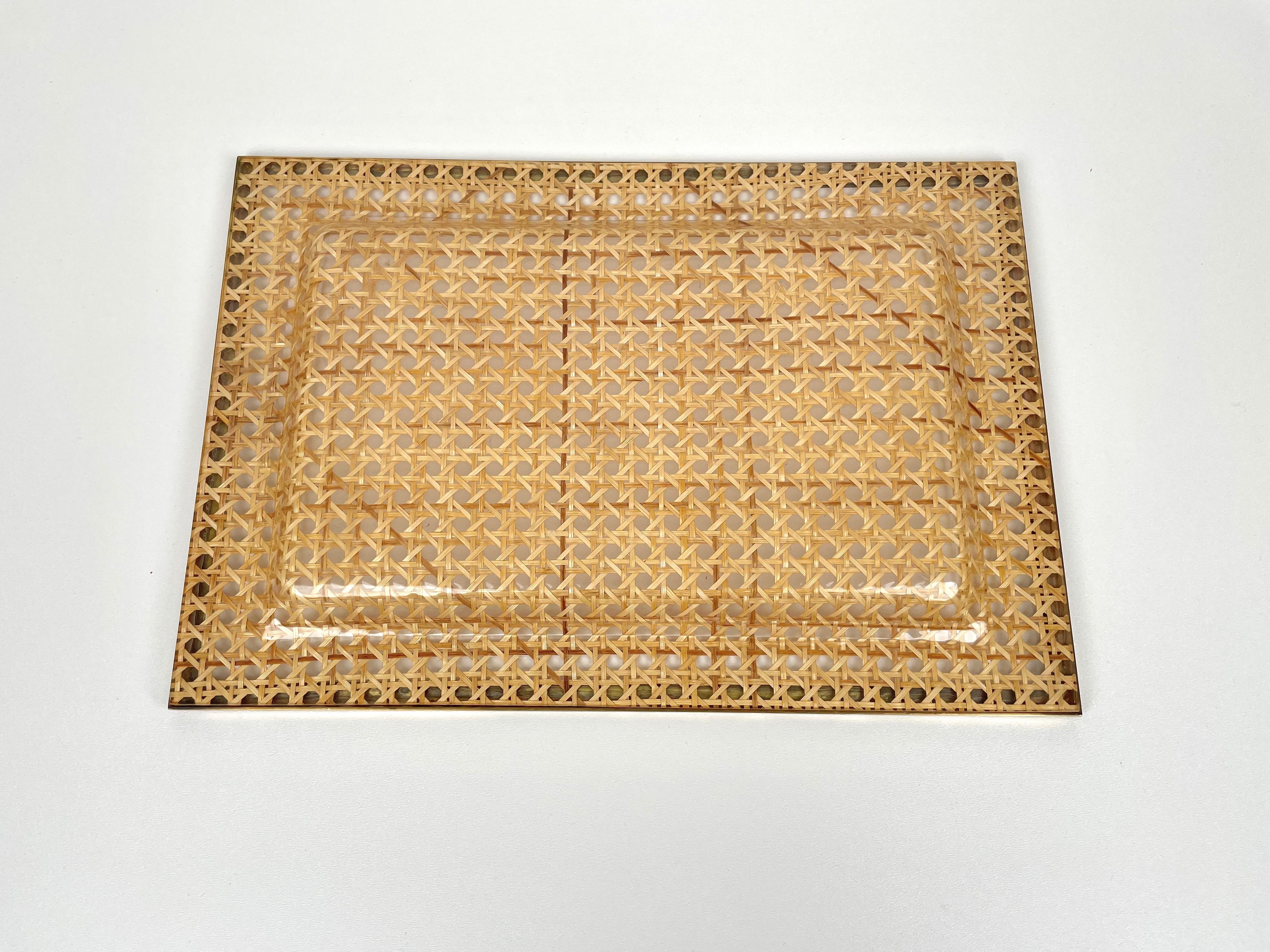 Serving Tray Centrepiece Christian Dior Home Brass Lucite and Wicker, 1970s 3