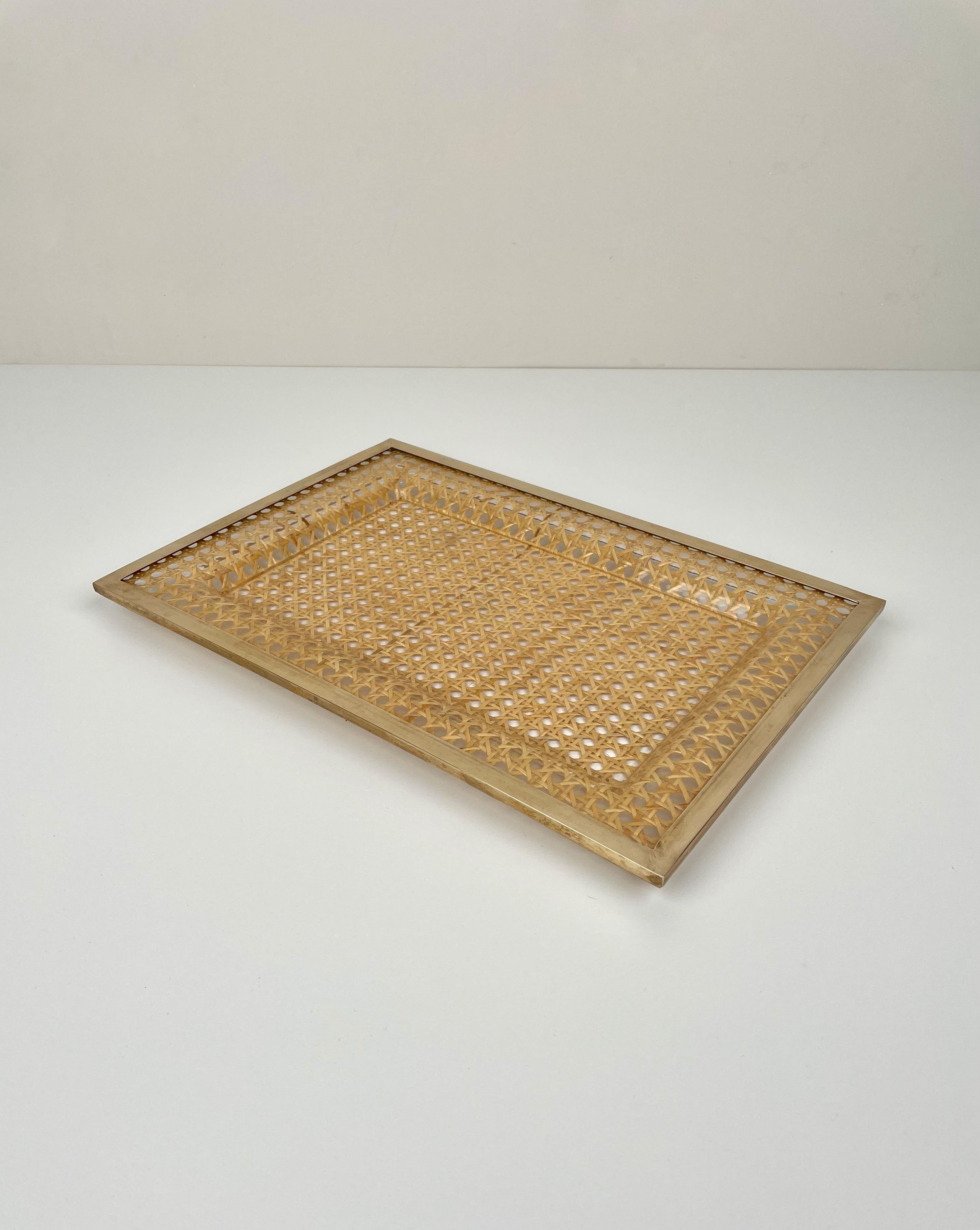 Mid-Century Modern Serving Tray Centrepiece Christian Dior Home Brass Lucite and Wicker, 1970s