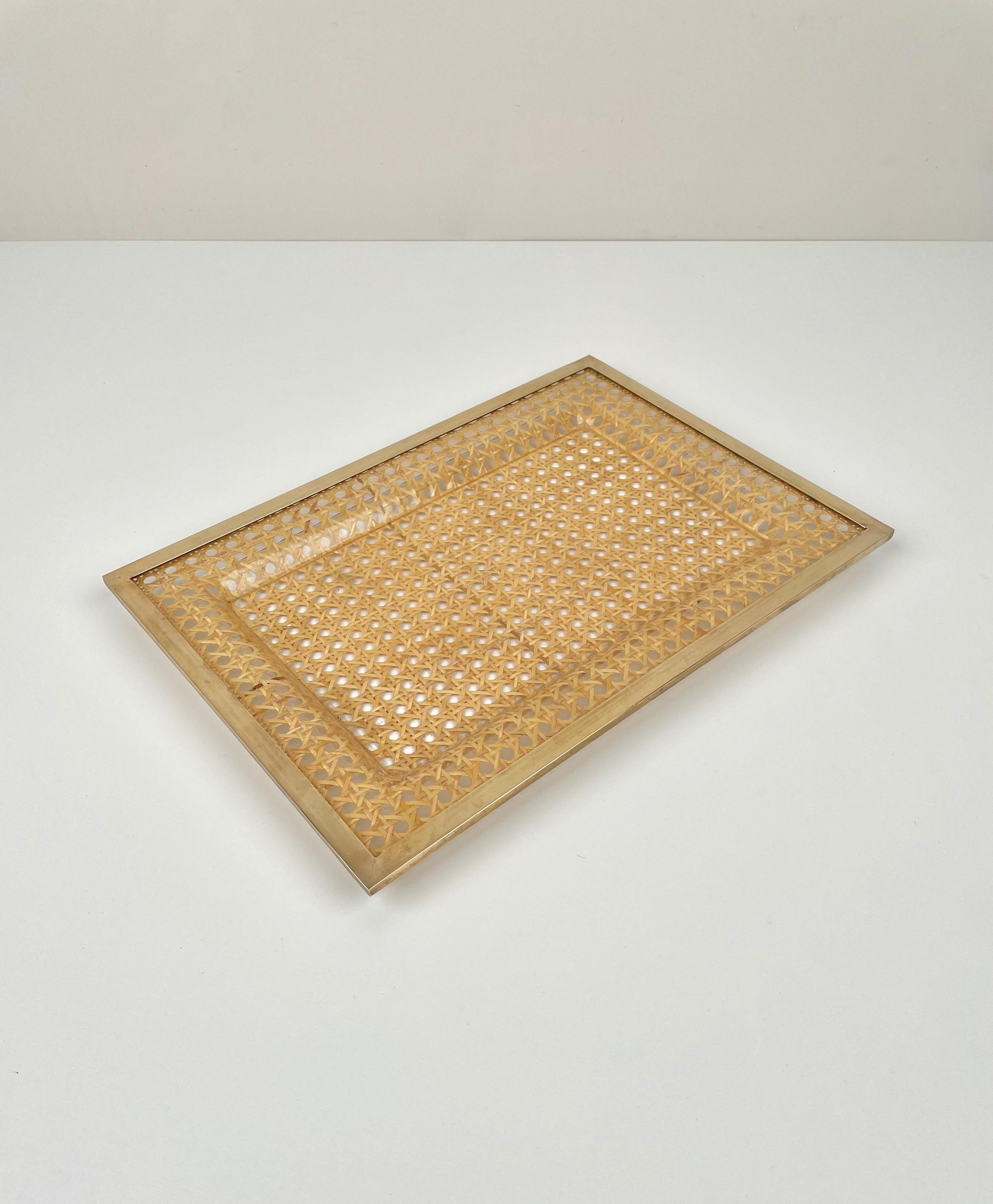 French Serving Tray Centrepiece Christian Dior Home Brass Lucite and Wicker, 1970s