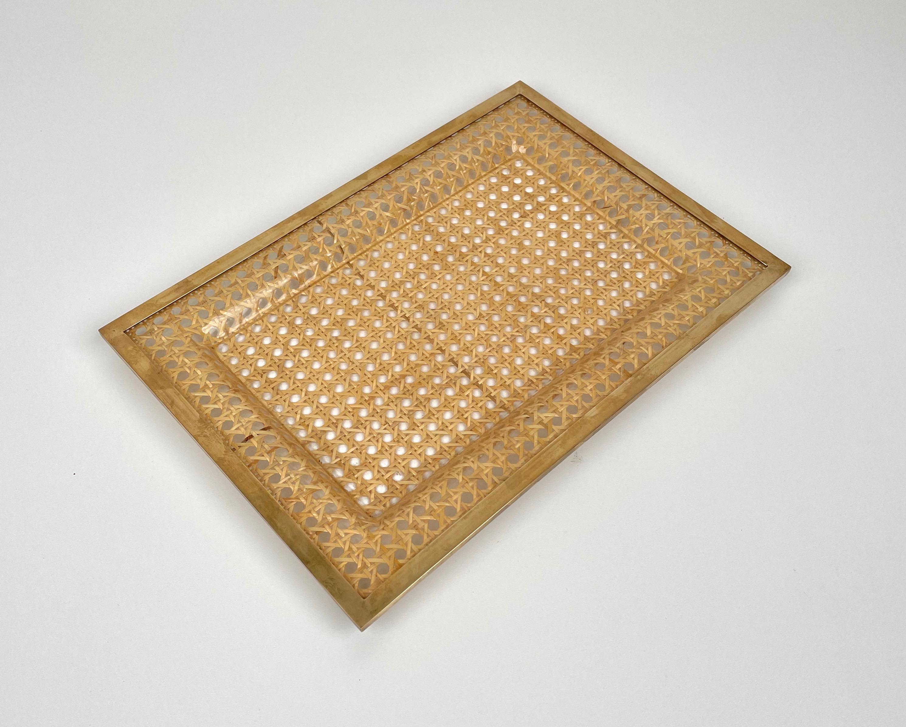 Serving Tray Centrepiece Christian Dior Home Brass Lucite and Wicker, 1970s In Good Condition In Rome, IT