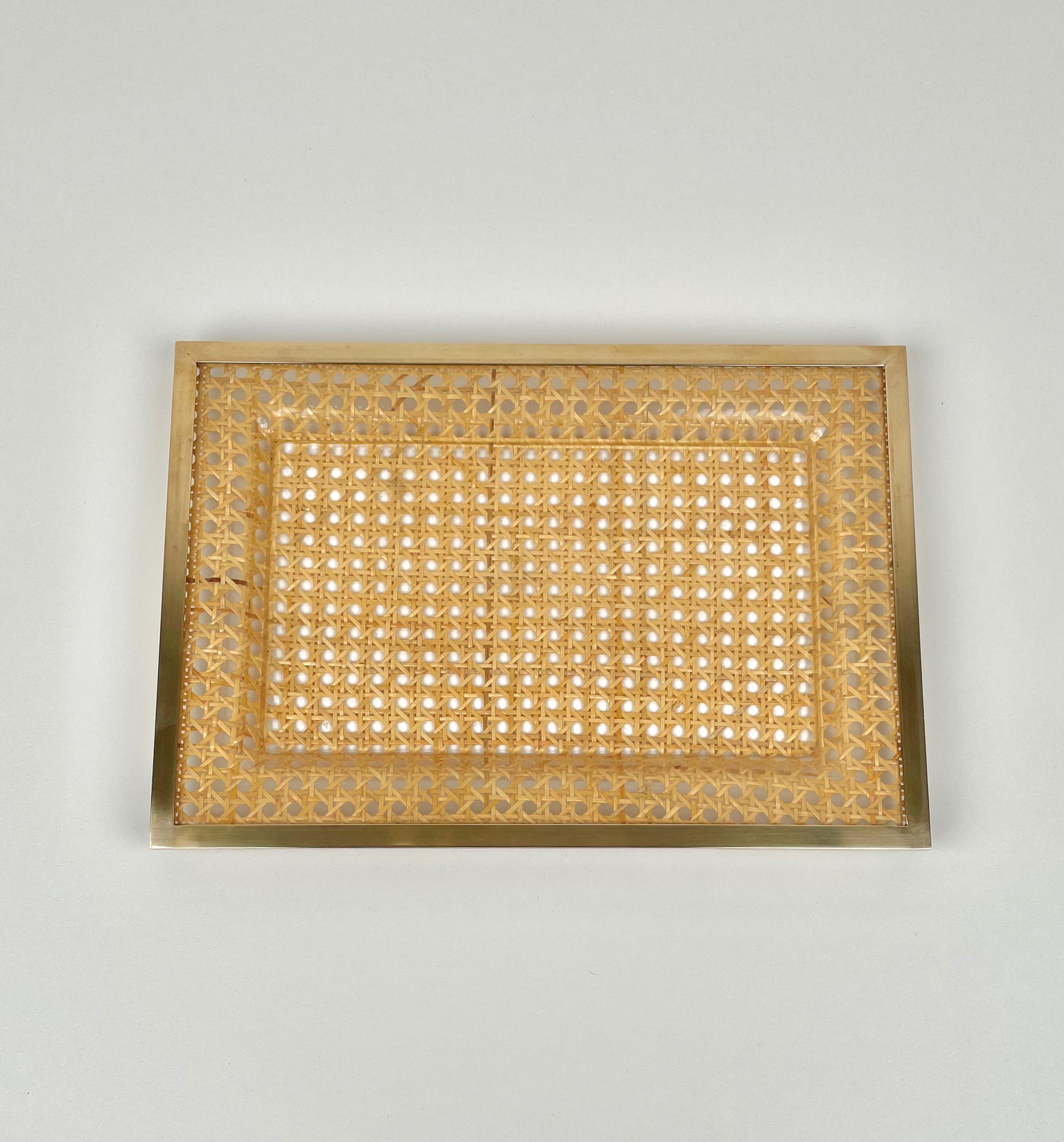 Metal Serving Tray Centrepiece Christian Dior Home Brass Lucite and Wicker, 1970s