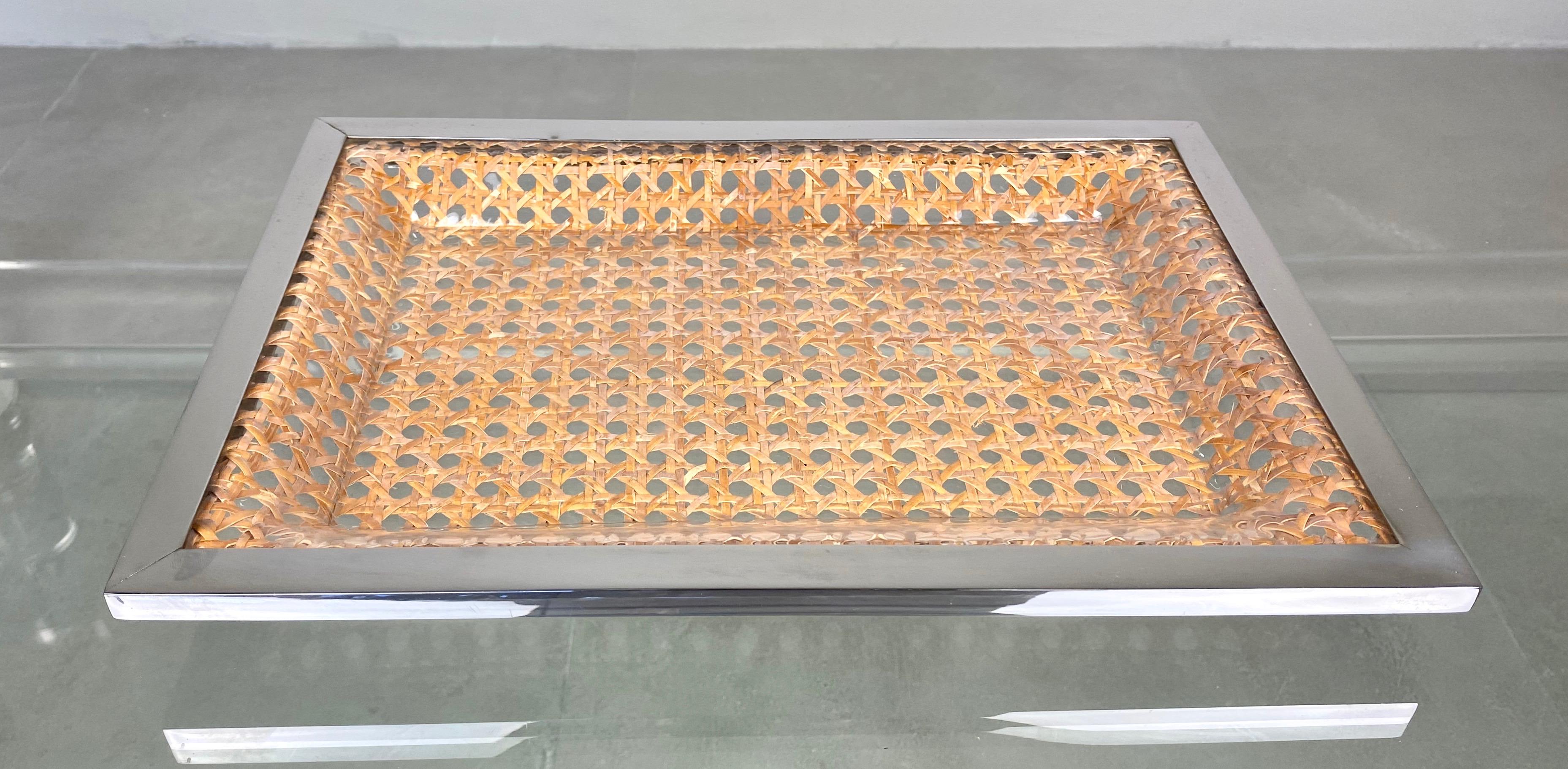 French Serving Tray Centrepiece Christian Dior Home Chrome Lucite and Wicker, 1970s